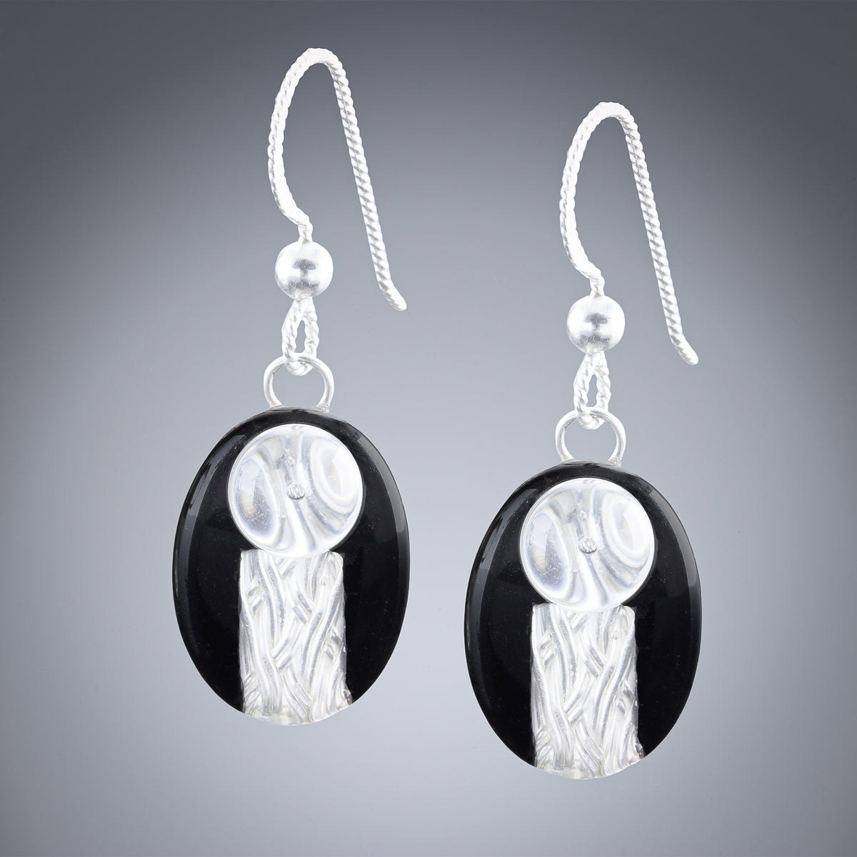 Handwoven Art Deco Black & Silver Earrings in Silver