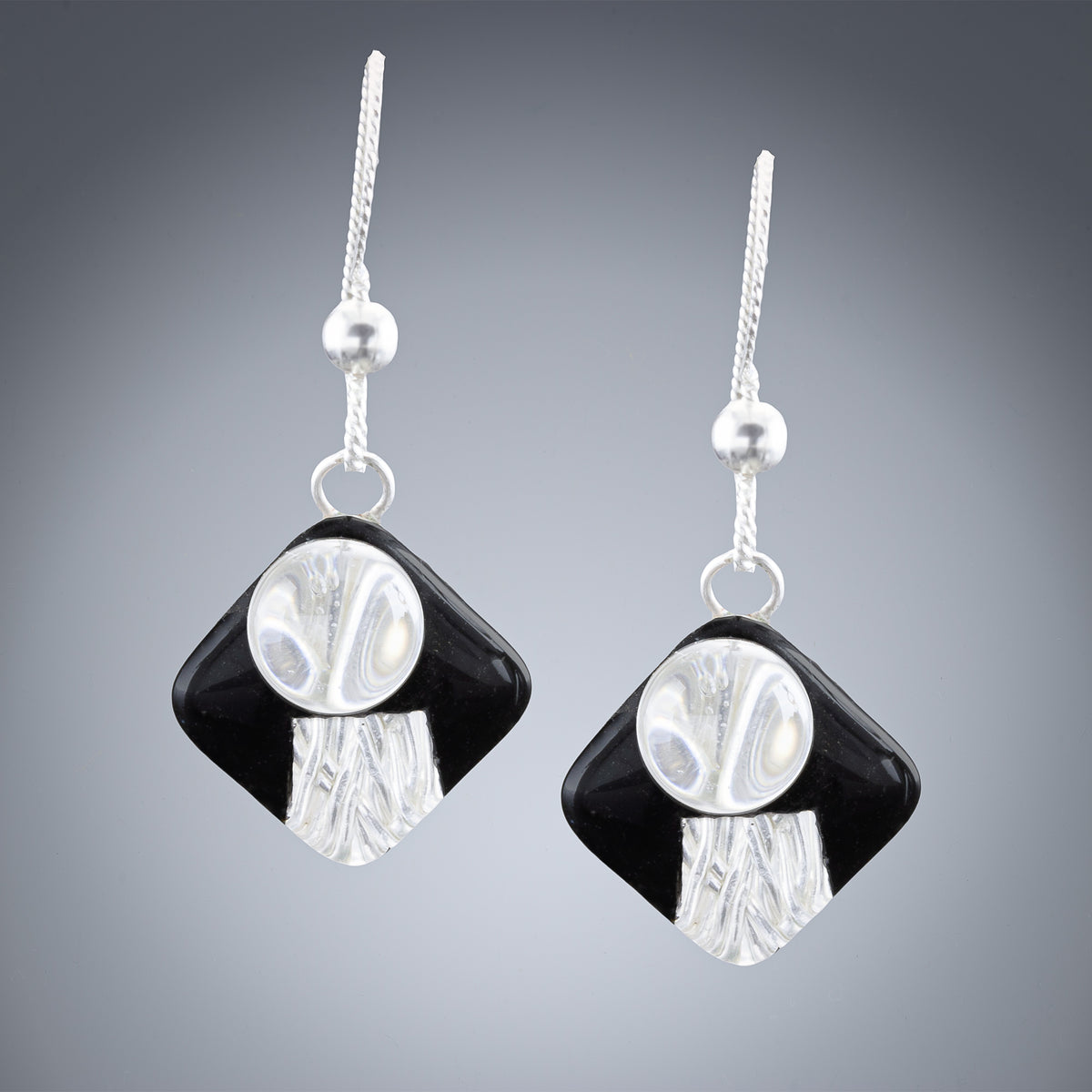 Art Deco Handwoven Silver Wire & Black Enamel Earrings
