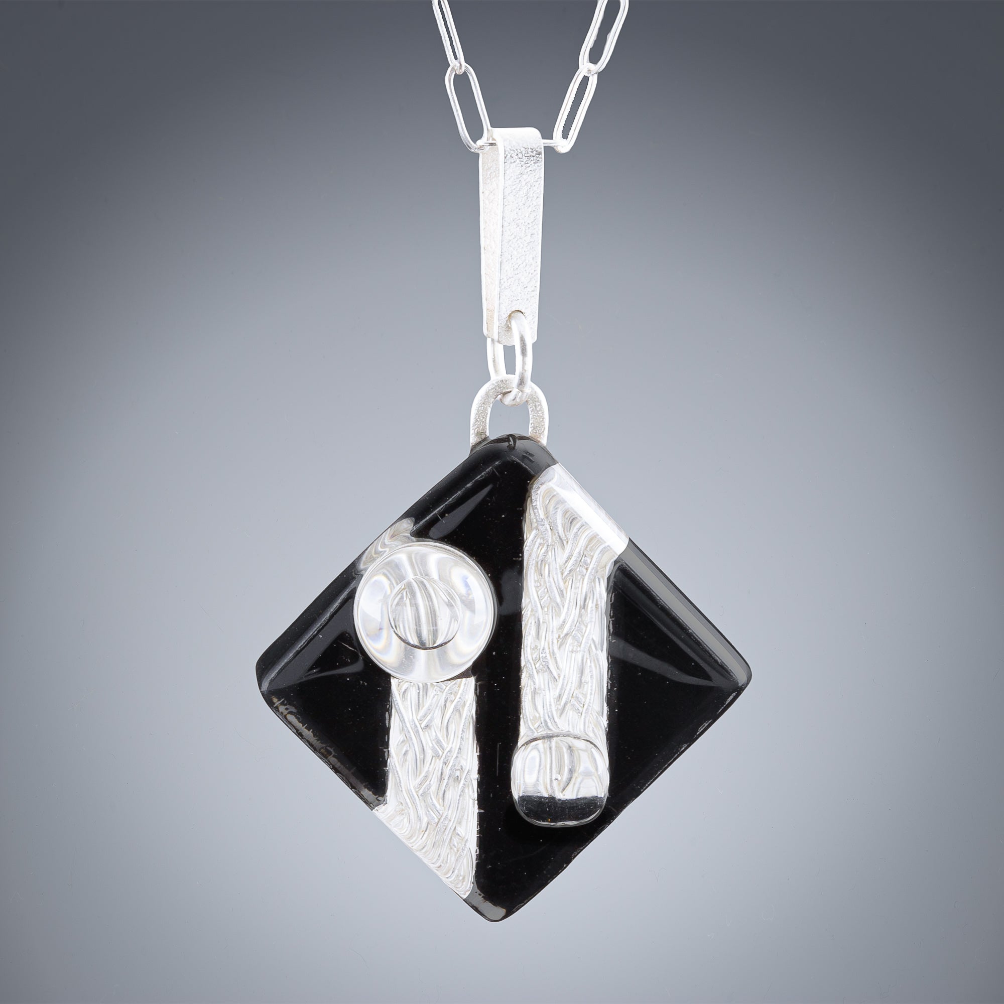 Large Black and Silver Art Deco Inspired Pendant Necklace in Sterling Silver
