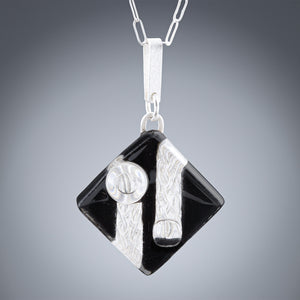 Large Black and Silver Art Deco Inspired Pendant Necklace in Sterling Silver