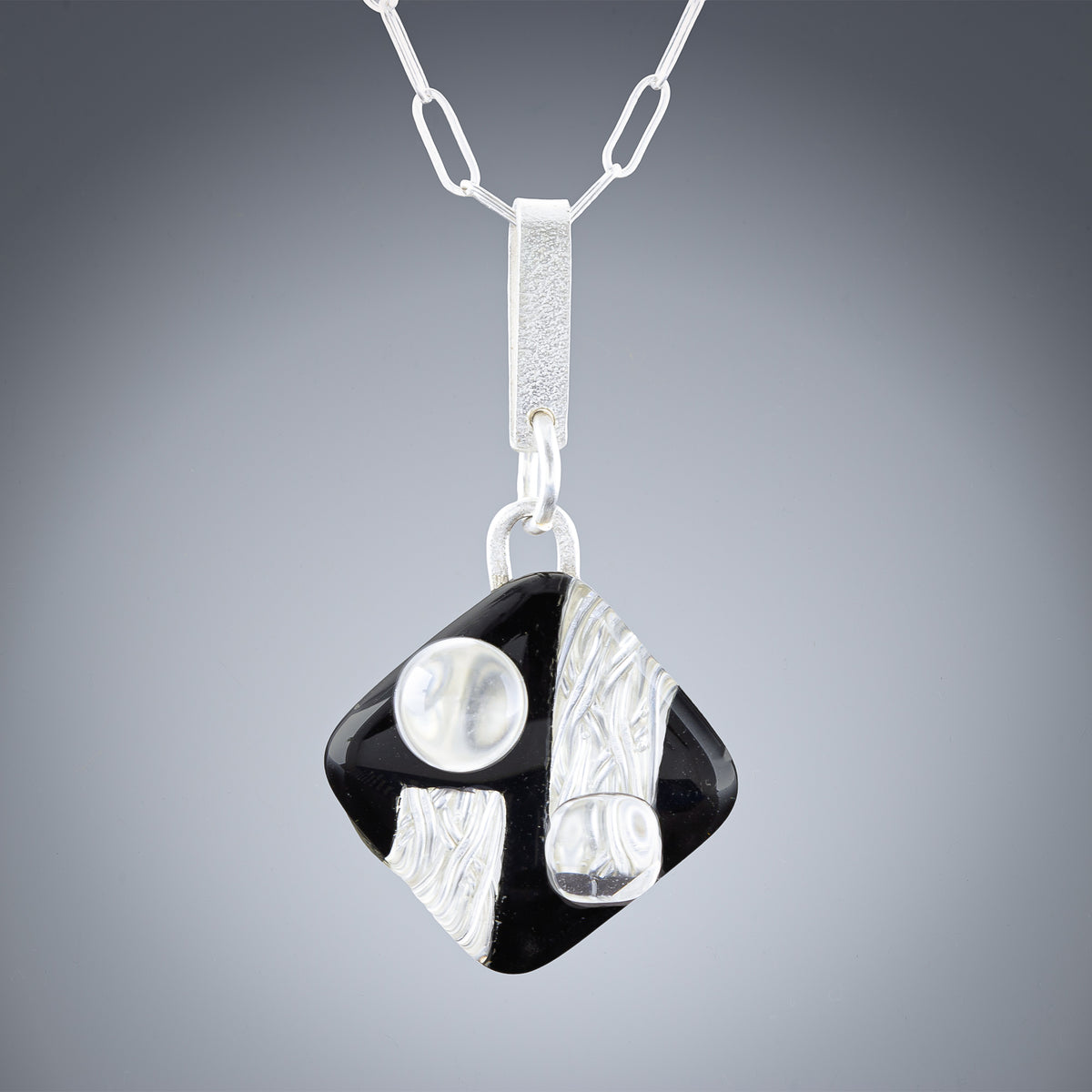 Art Deco Black & Silver Pendant Necklace in Woven Silver - Medium