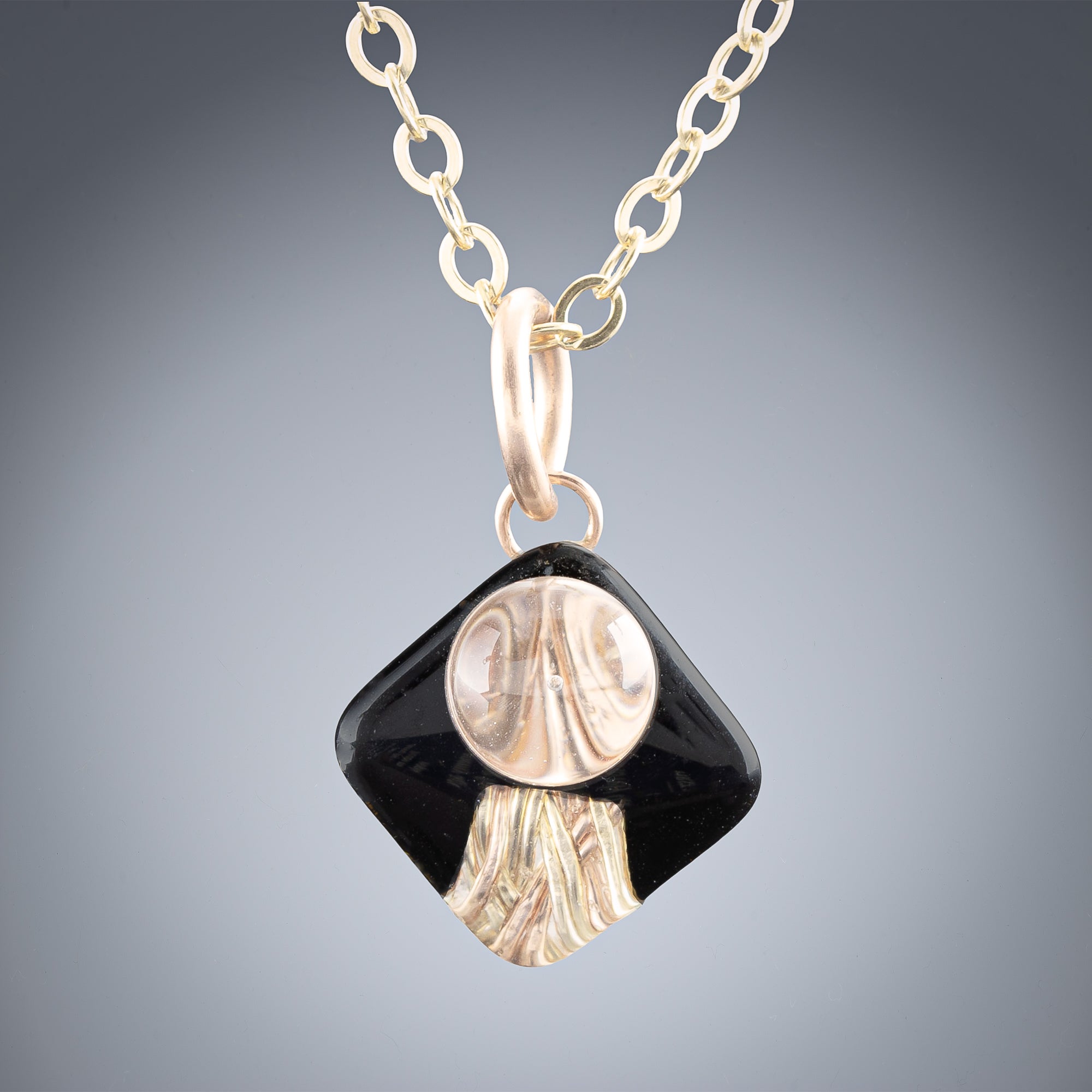 Small Black and Gold Art Deco Inspired Pendant Necklace in 14K Yellow and Rose Gold Fill