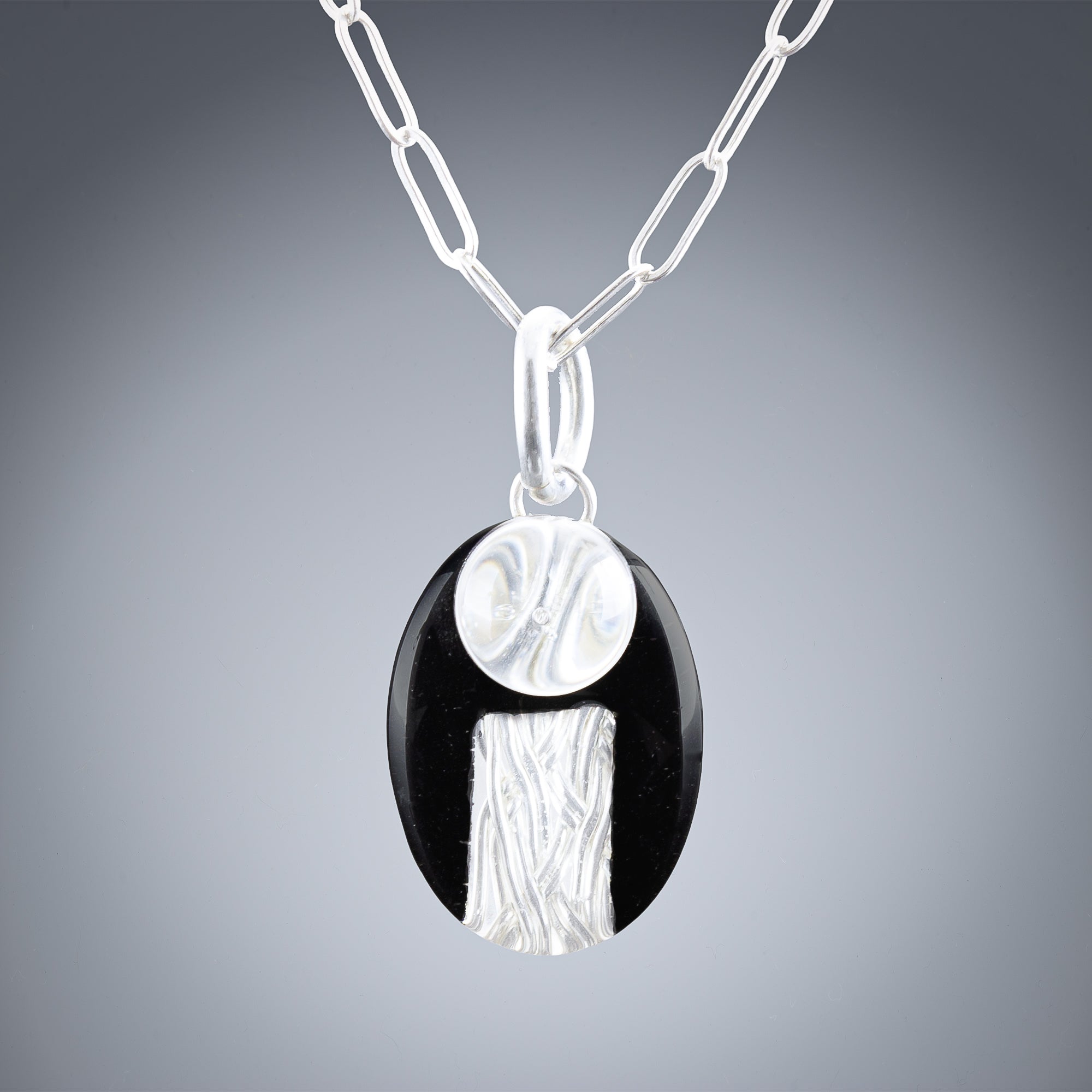 Small Oval Black and Silver Art Deco Inspired Pendant Necklace in Sterling Silver