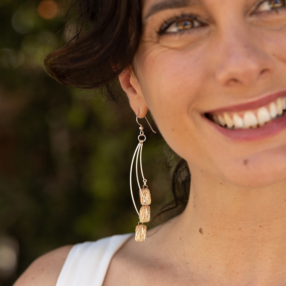 Sparkly Cascading Earrings with Handwoven Metal Fabric and Glass in 14K Yellow and Rose Gold Fill
