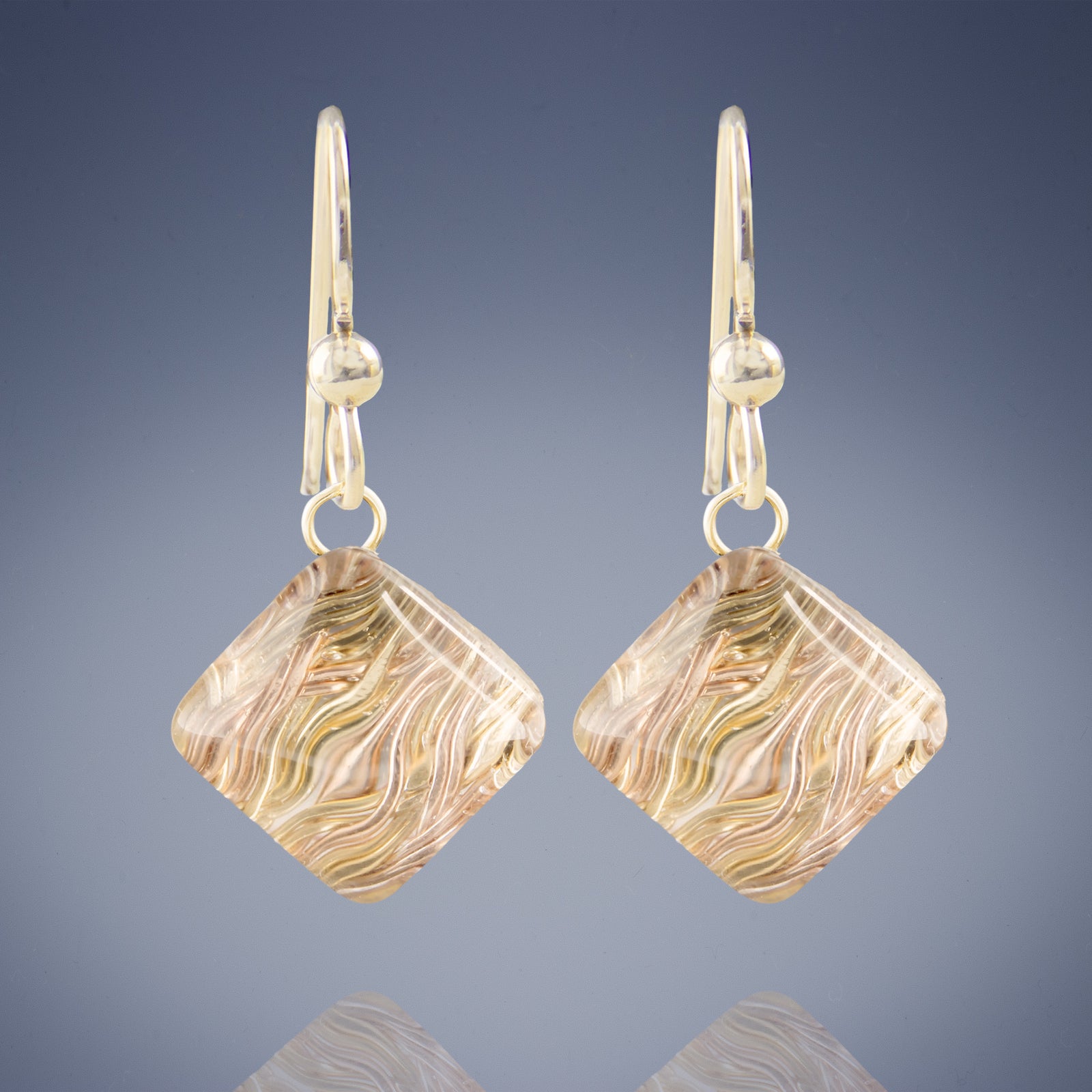 AS SEEN ON Netflix's Jessica Jones: Gold Pyramid Shaped Earrings Featuring Handwoven Metal Fabric and Glass in 14K Yellow and Rose Gold Fill