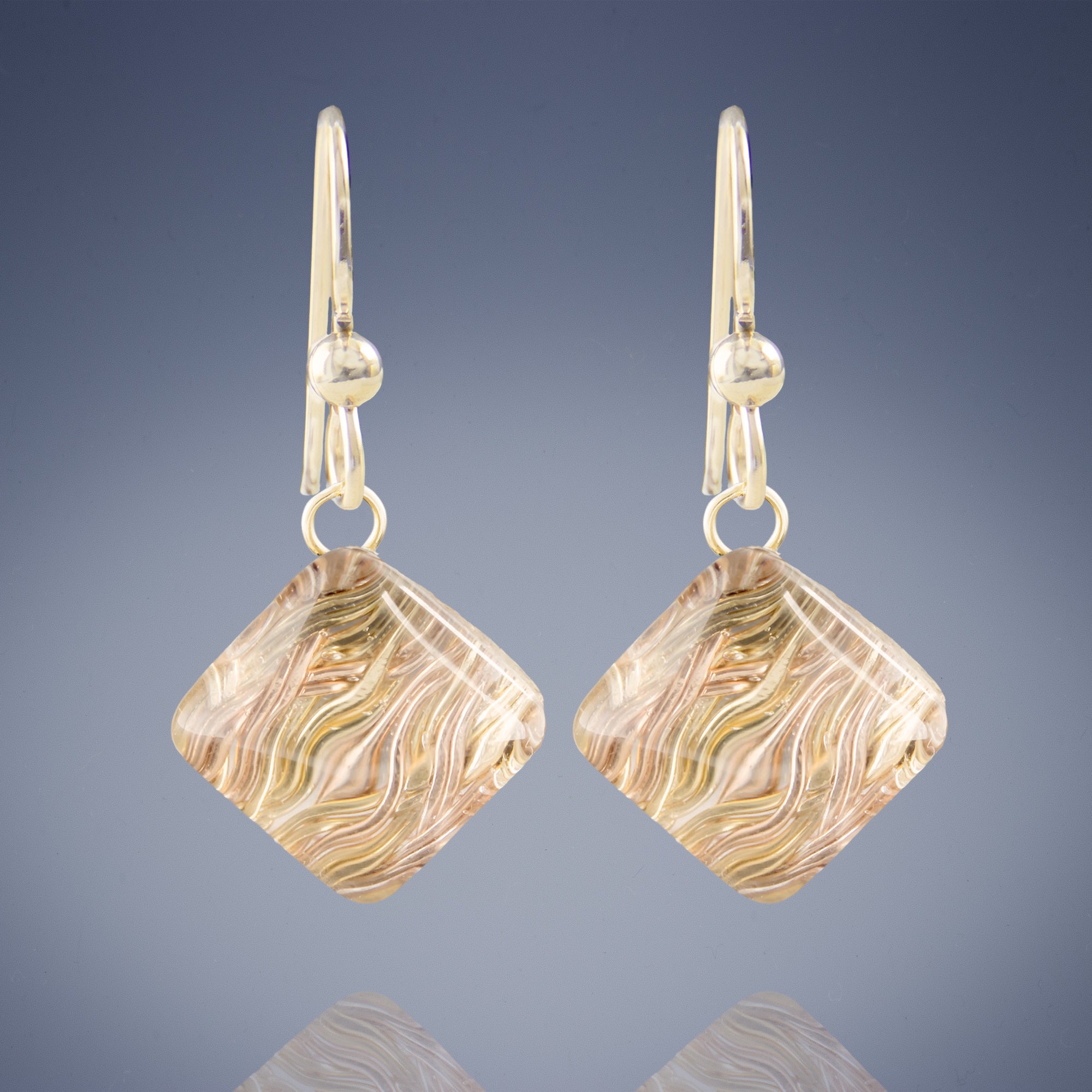 AS SEEN ON Netflix's Jessica Jones: Gold Pyramid Shaped Earrings Featuring Handwoven Metal Fabric and Glass in 14K Yellow and Rose Gold Fill