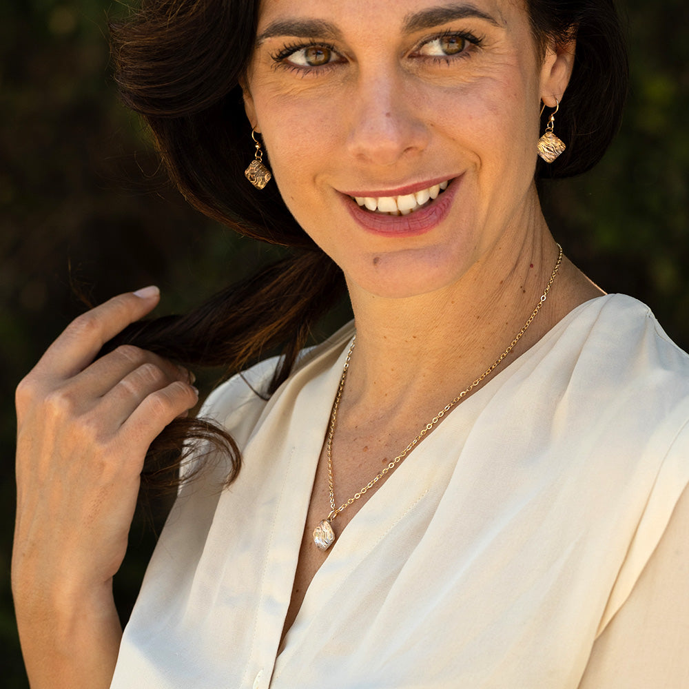 Handwoven Gold & Glass Pyramid Pendant & Earring Set