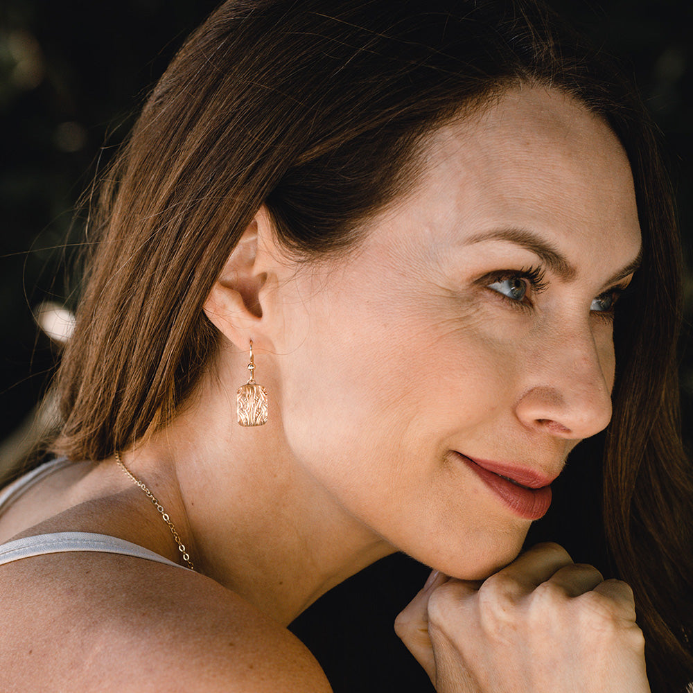 Rectangle Earrings: Handwoven Metal & Glass in 14K Gold Fill