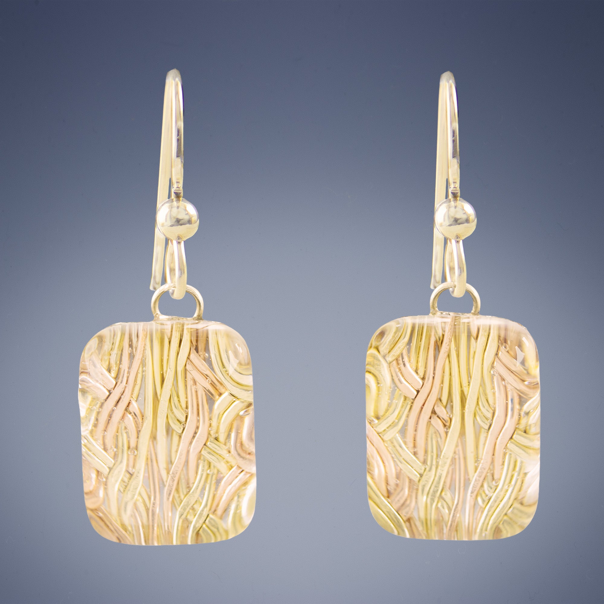 Sparkly Rectangle Shaped Earrings with Handwoven Metal Fabric and Glass in 14K Yellow and Rose Gold Fill