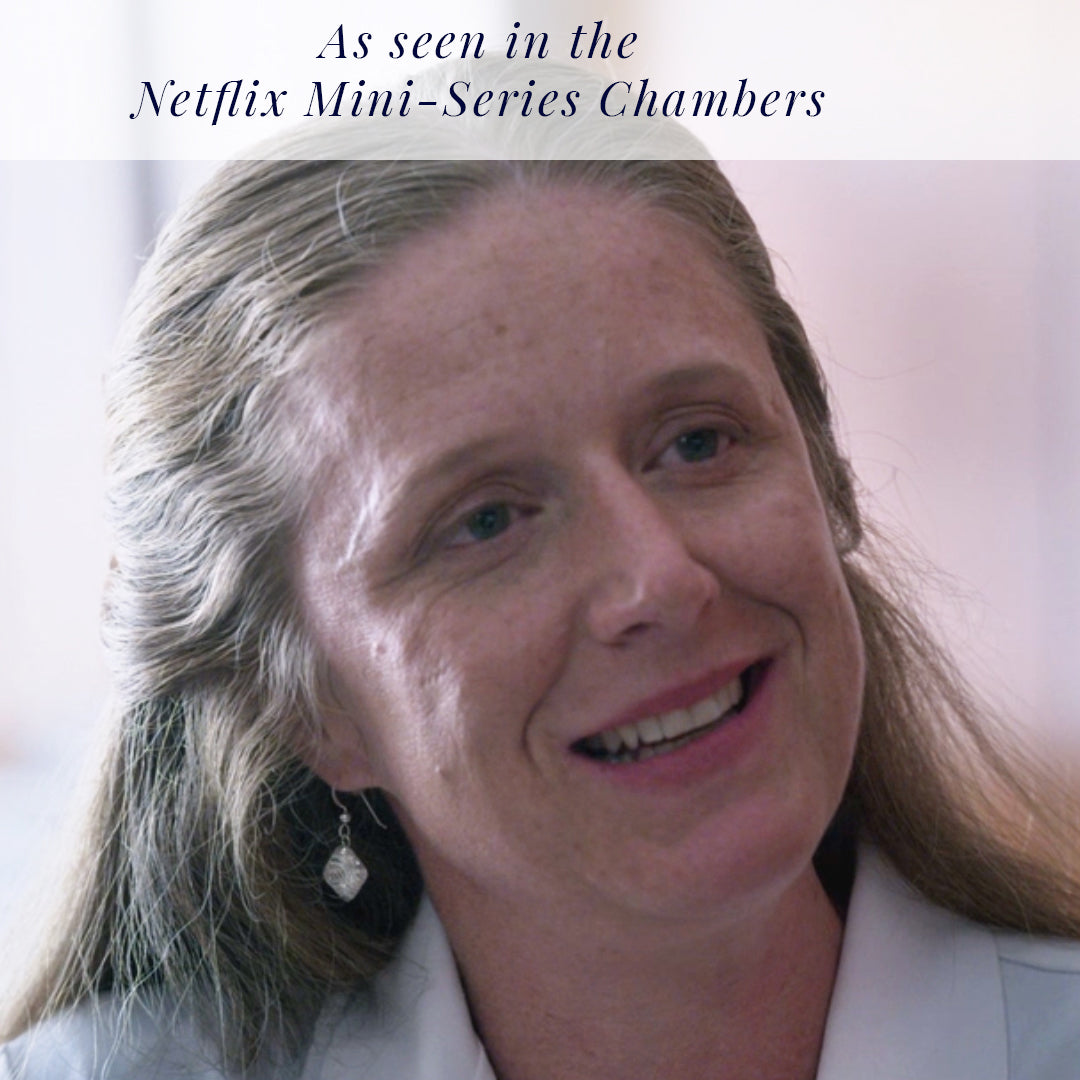 AS SEEN ON Netflix's Chambers: Silver Pyramid Earrings with Handwoven Metal Fabric and Glass