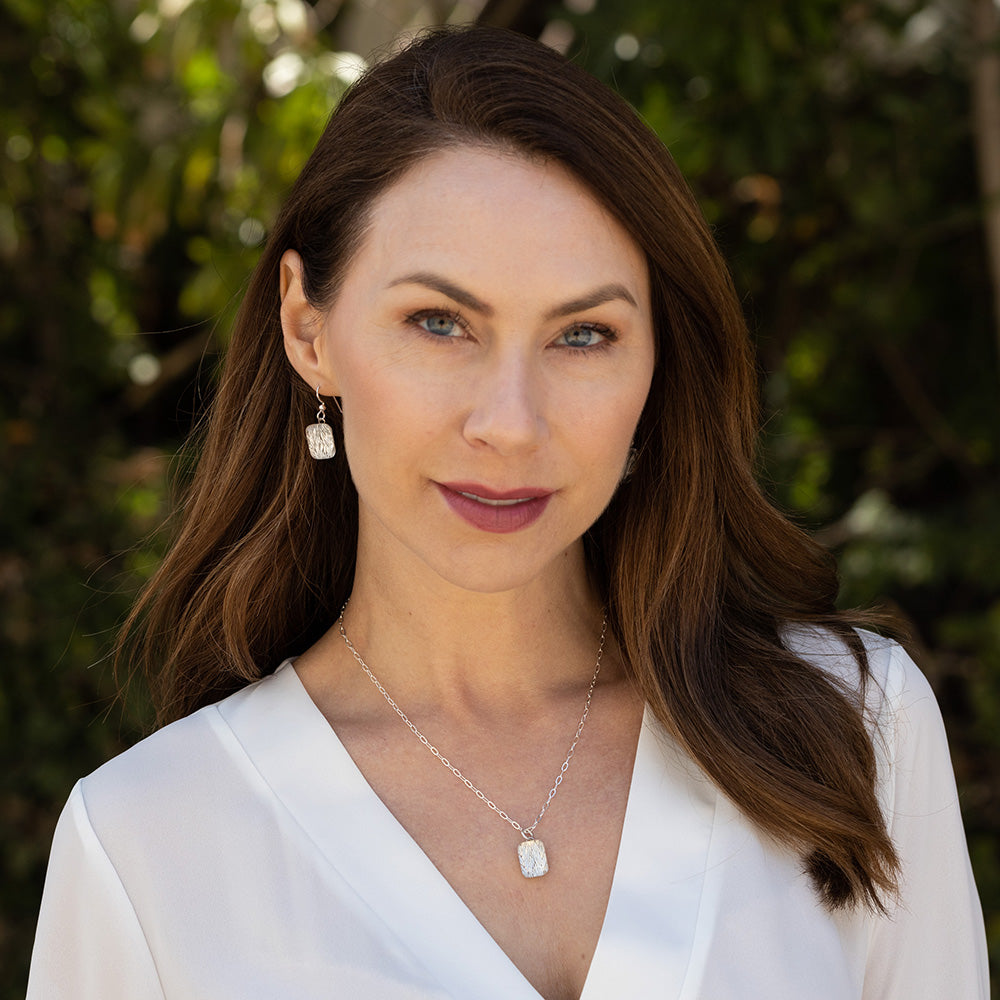 Small Sparkly Rectangle Shaped Pendant Necklace with Handwoven Metal Fabric and Glass in Silver
