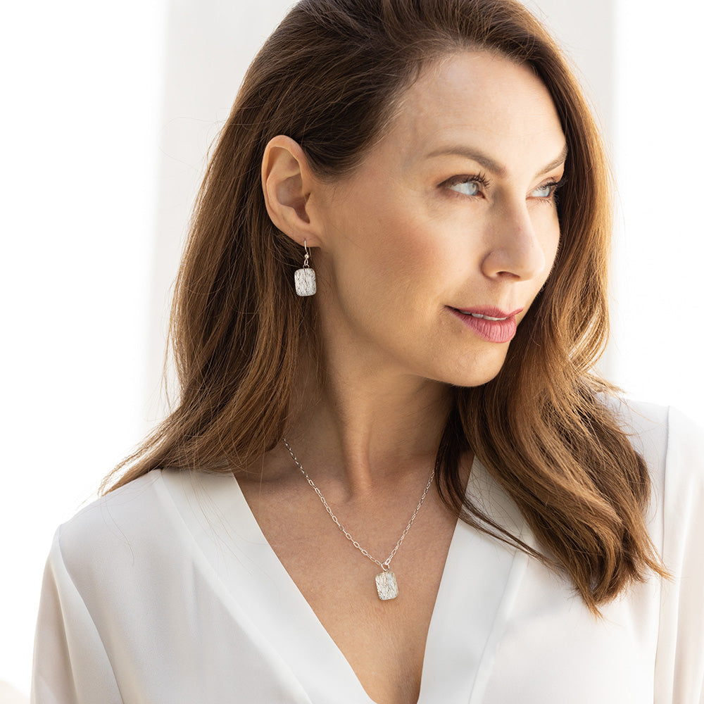 Sparkly Silver Rectangle Shaped Earring and Pendant Set with Handwoven Metal Fabric and Glass