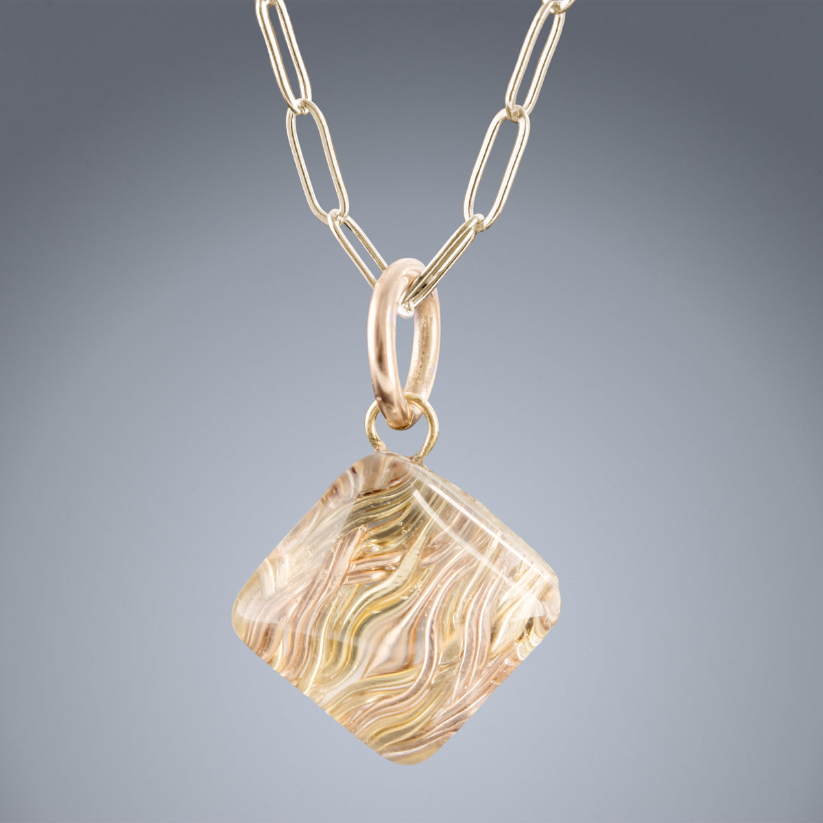 Handwoven Yellow and Rose Gold Pyramid Pendant Necklace with Glass Accent