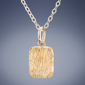 Small Sparkly Rectangle Shaped Pendant Necklace with Handwoven Metal Fabric and Glass in 14K Yellow and Rose Gold Fill
