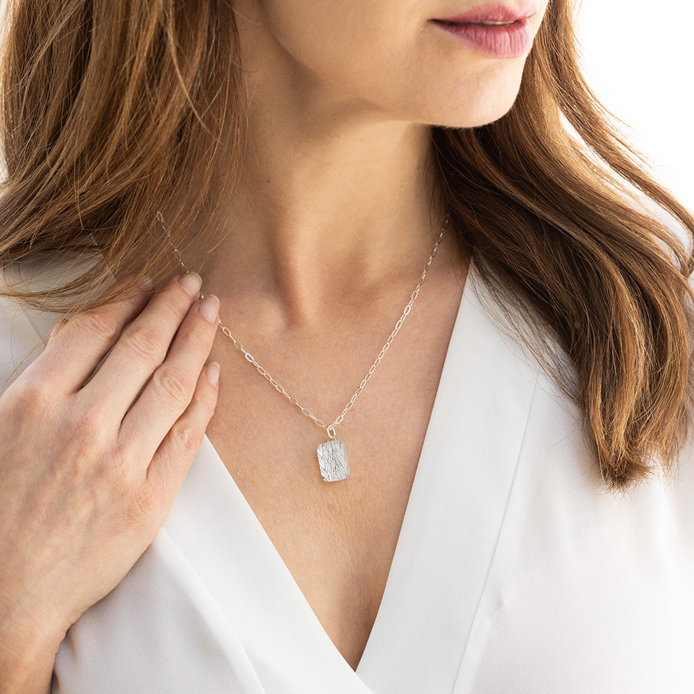 Small Sparkly Rectangle Shaped Pendant Necklace with Handwoven Metal Fabric and Glass in Silver