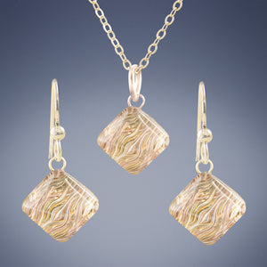 Small Sparkly Pyramid Shaped Pendant and Earring Set with Handwoven Metal Fabric and Glass in 14K Yellow and Rose Gold Fill