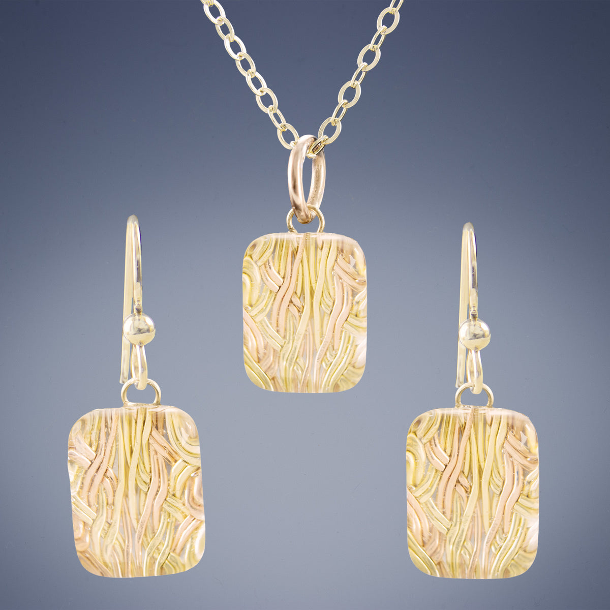 Handwoven Rectangle Gold and Glass Pendant & Earring Set - Artisan Crafted