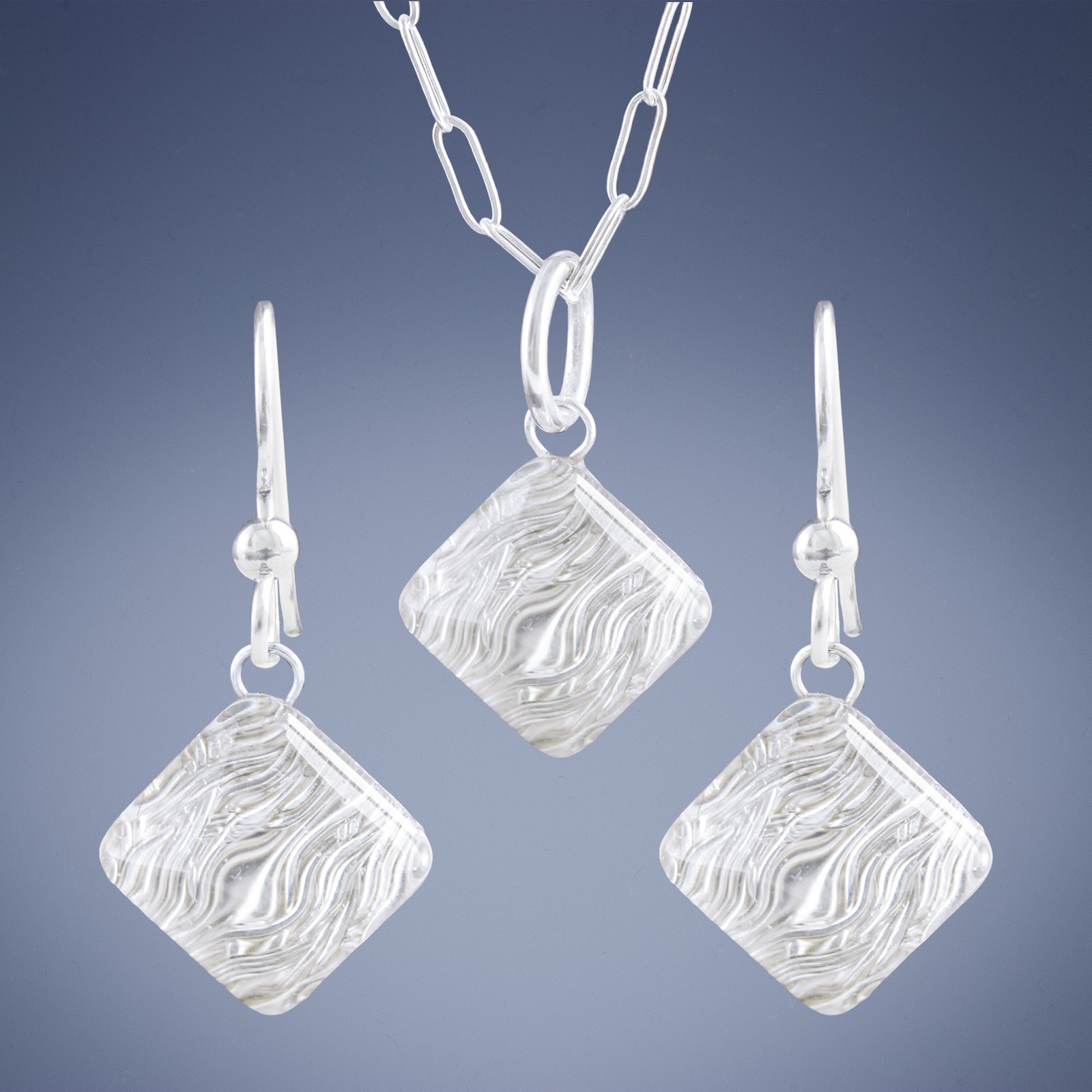 Sparkly Silver Pyramid Shaped Earring and Pendant Gift Set Featuring Handwoven Metal Fabric and Glass