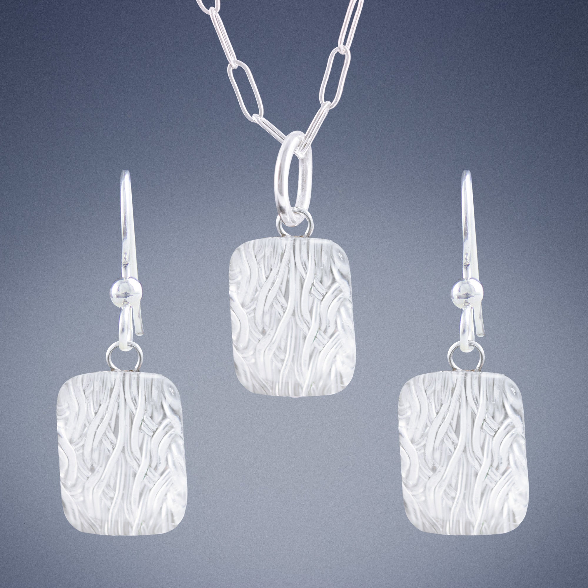 Sparkly Silver Rectangle Shaped Earring and Pendant Set with Handwoven Metal Fabric and Glass