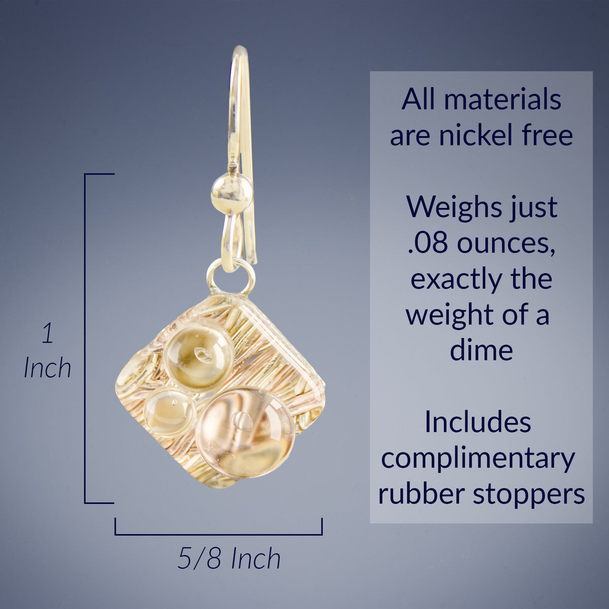 Small Sparkly Diamond Shaped Pendant and Earrings set with Handwoven Metal Fabric and Glass in 14K Yellow and Rose Gold Fill