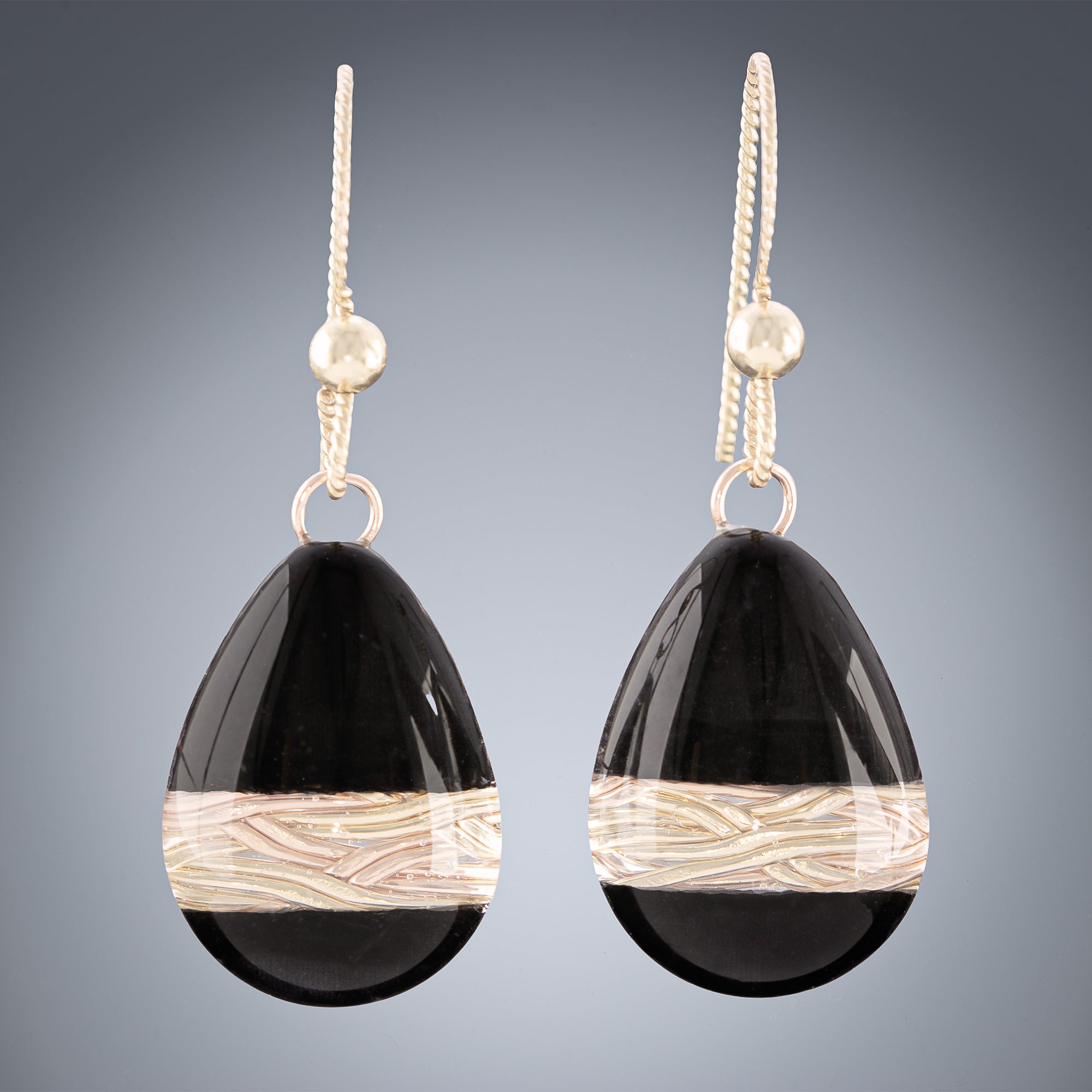 Handwoven Gold and Black Enamel Teardrop Dangle Earrings in both 14K Yellow and Rose Gold Fill