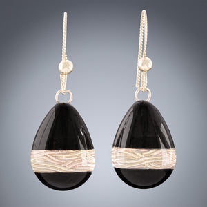 Handwoven Gold and Black Enamel Teardrop Dangle Earrings in both 14K Yellow and Rose Gold Fill