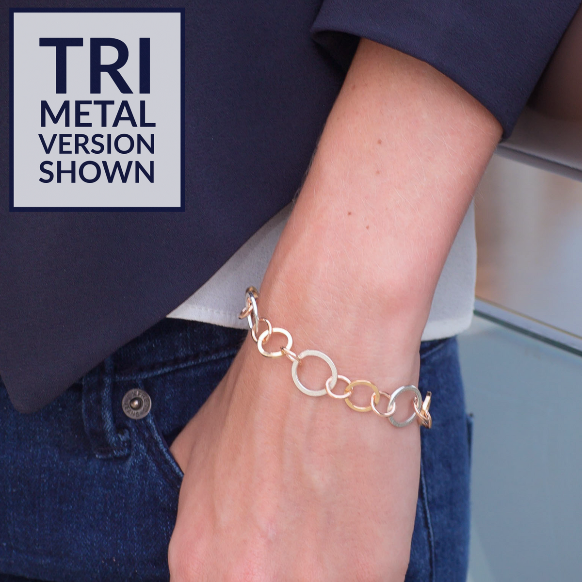 Handcrafted Tri Color Open Link Chain Bracelet in Sterling Silver and 14K Yellow and Rose Gold Fill