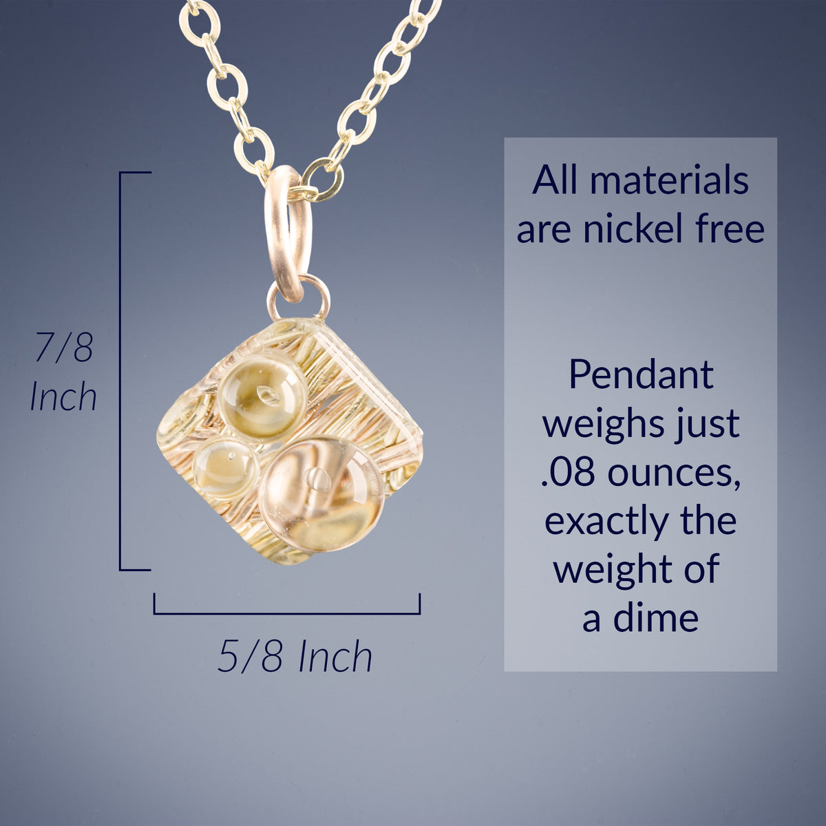 Small Sparkly Diamond Shaped Pendant with Handwoven Metal Fabric and Glass in 14K Yellow and Rose Gold Fill