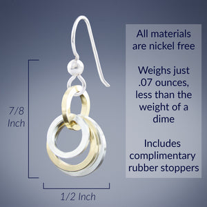 Two Tone Minimalist Simple Circle Dangle Earrings in Sterling Silver and 14K Yellow Gold Fill