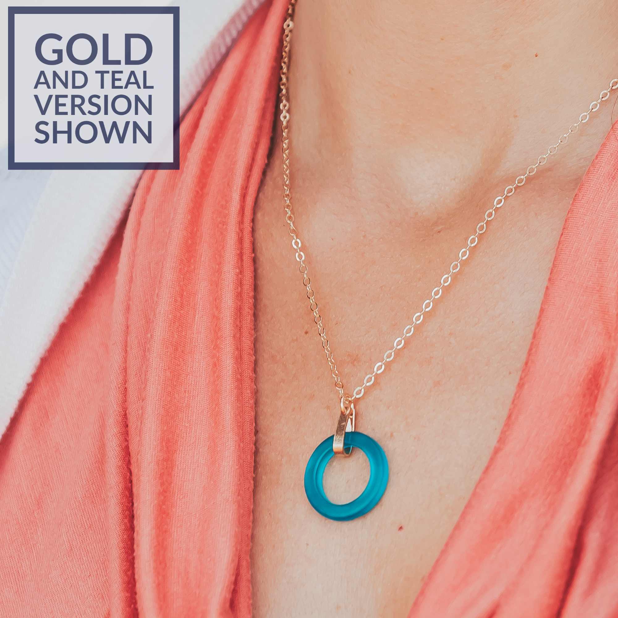 Light Baby Blue Round Recycled Glass Open Circle and 14K Gold Fill Strap Style Pendant Necklace