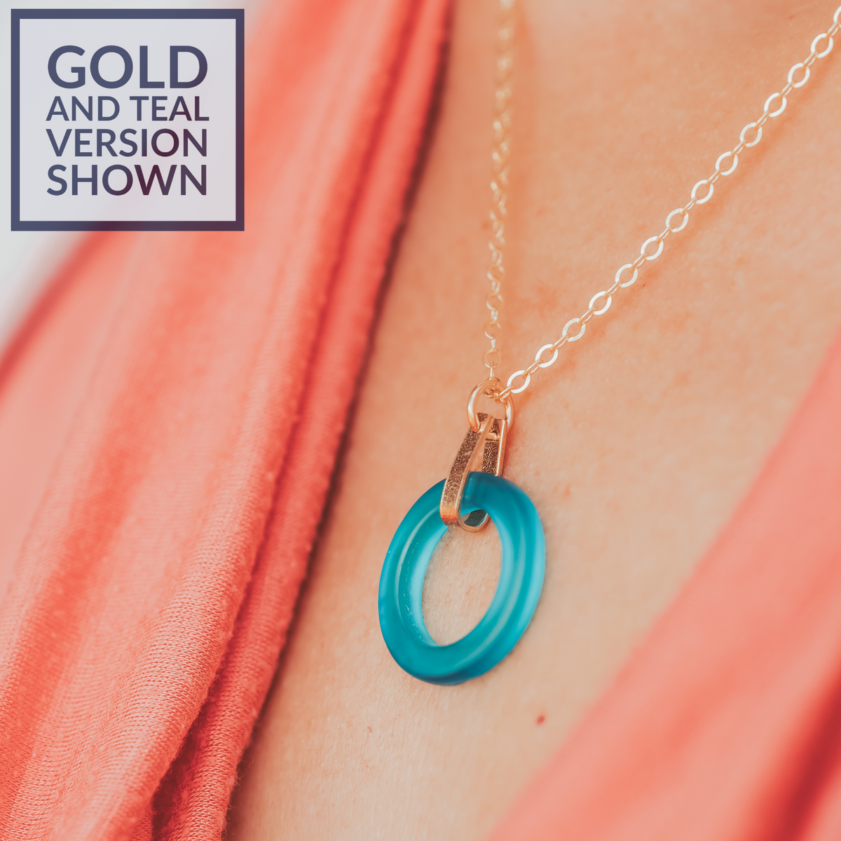 Light Baby Blue Round Recycled Glass Open Circle and Sterling Silver Strap Style Pendant Necklace