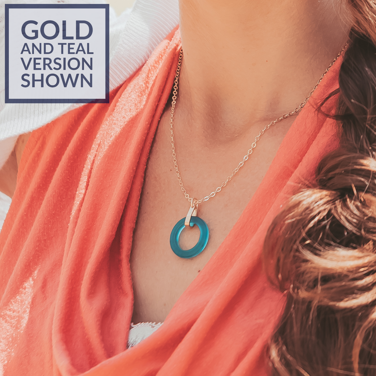 Teal Peacock Blue Round Recycled Glass Open Circle and 14K Gold Fill Strap Style Pendant Necklace