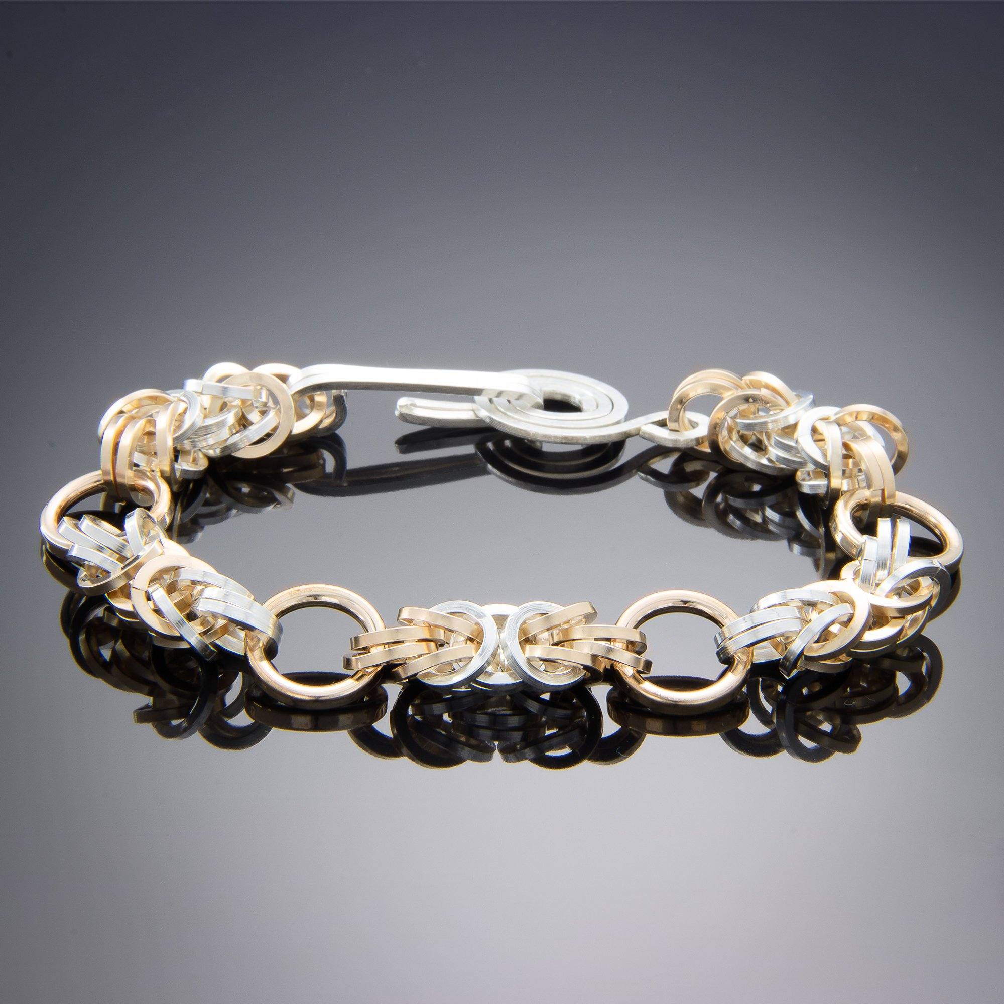 Bold Two Tone Byzantine Chunky Statement Bracelet in Argentium Sterling Silver and 14K Yellow Gold Fill