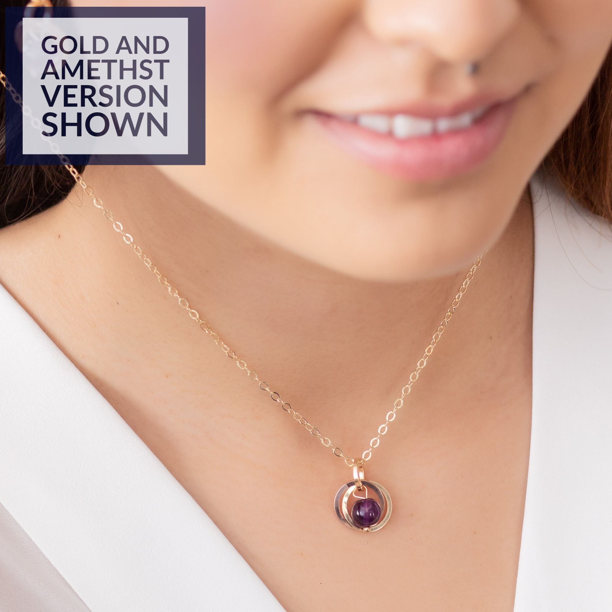 Dark Purple Genuine 8MM Amethyst Gemstone Pendant Necklace in 14K Yellow and Rose Gold Fill