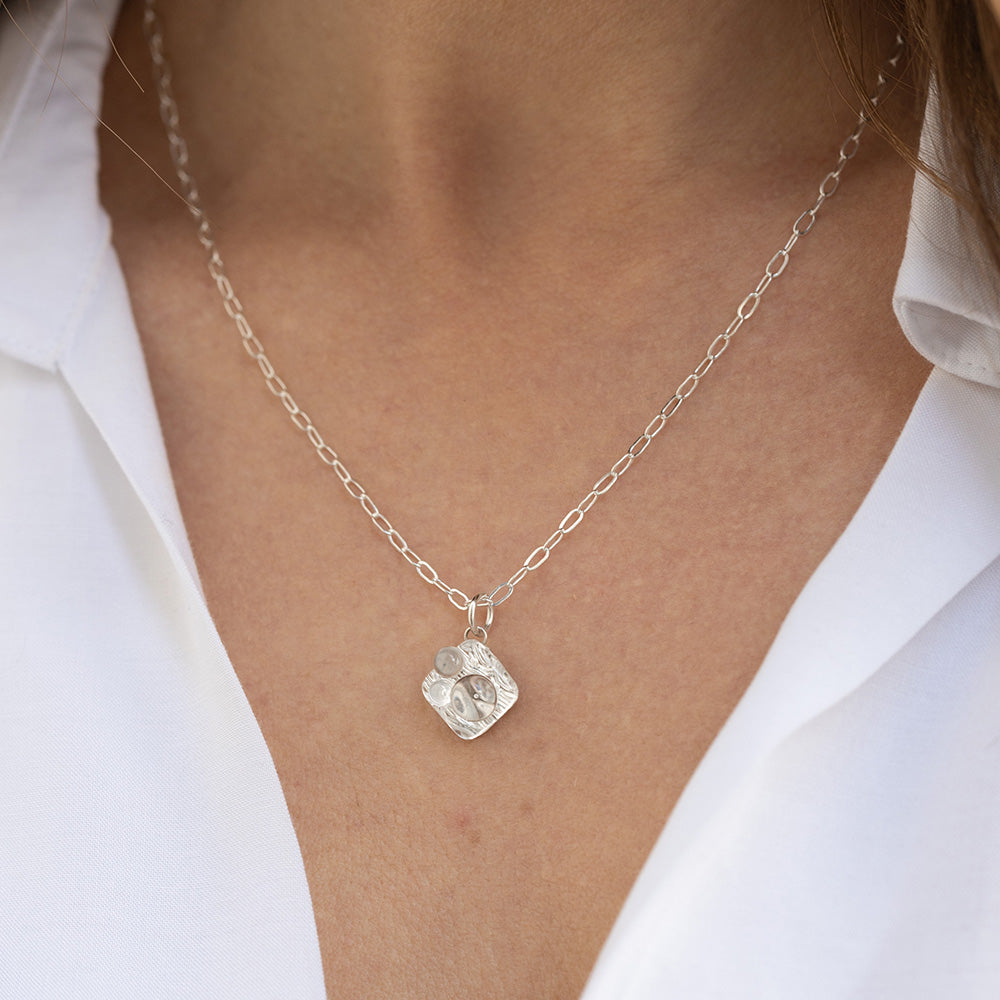 Handwoven Silver Diamond Shape Pendant with Glass - Artisan Jewelry