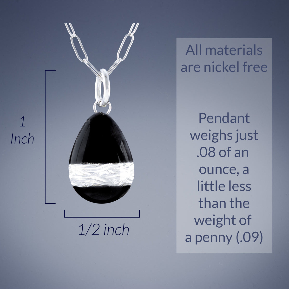 Handwoven Silver & Black Enamel Teardrop Pendant Necklace - Small