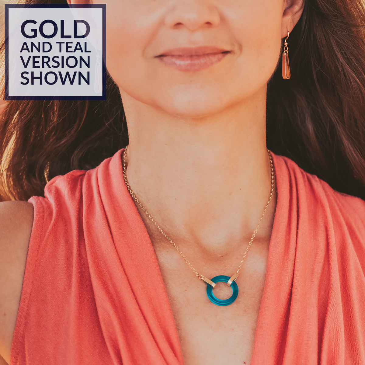 Teal Peacock Blue Recycled Glass Open Circle and Sterling Silver Style Necklace