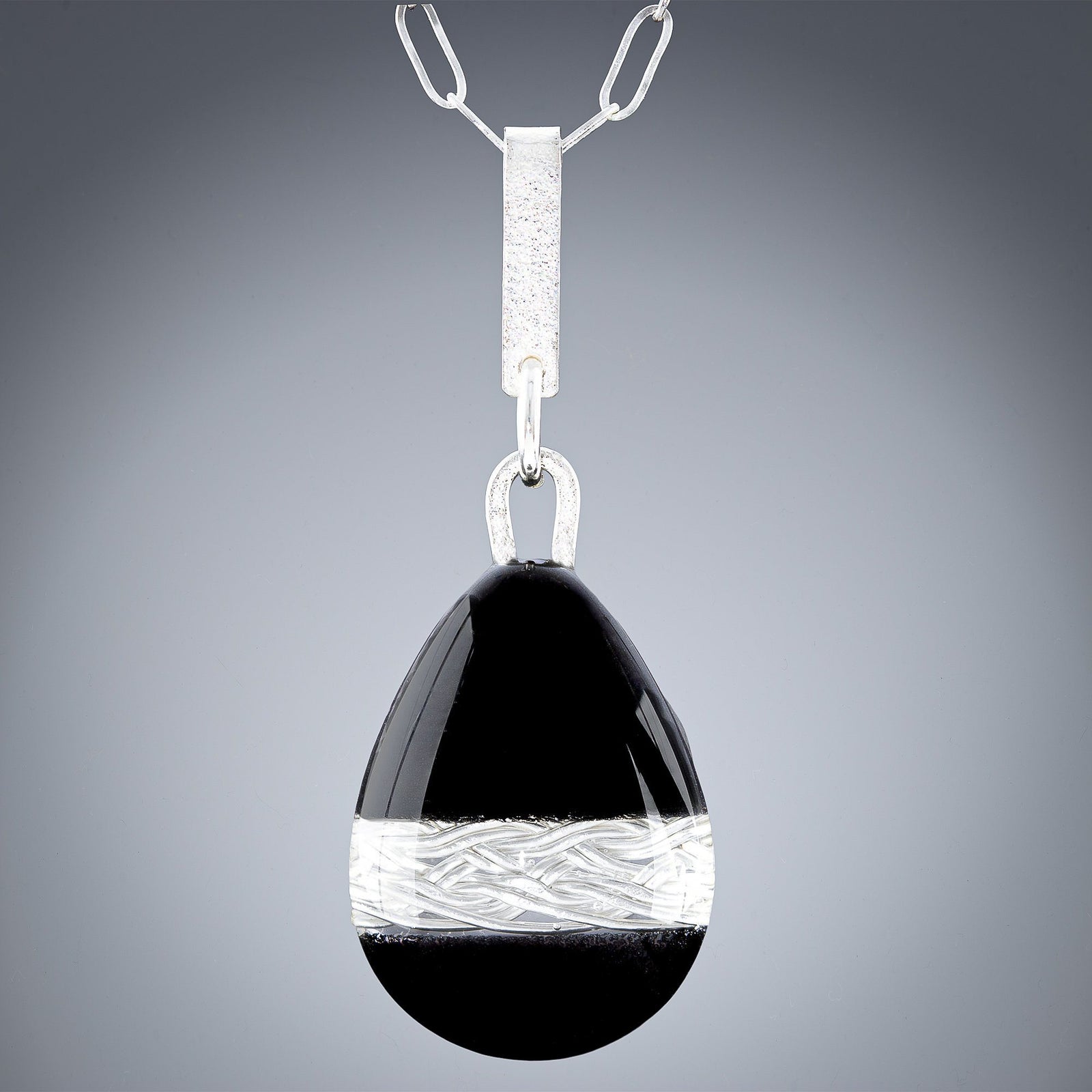 Handwoven Silver & Black Enamel Teardrop Pendant Necklace - Large