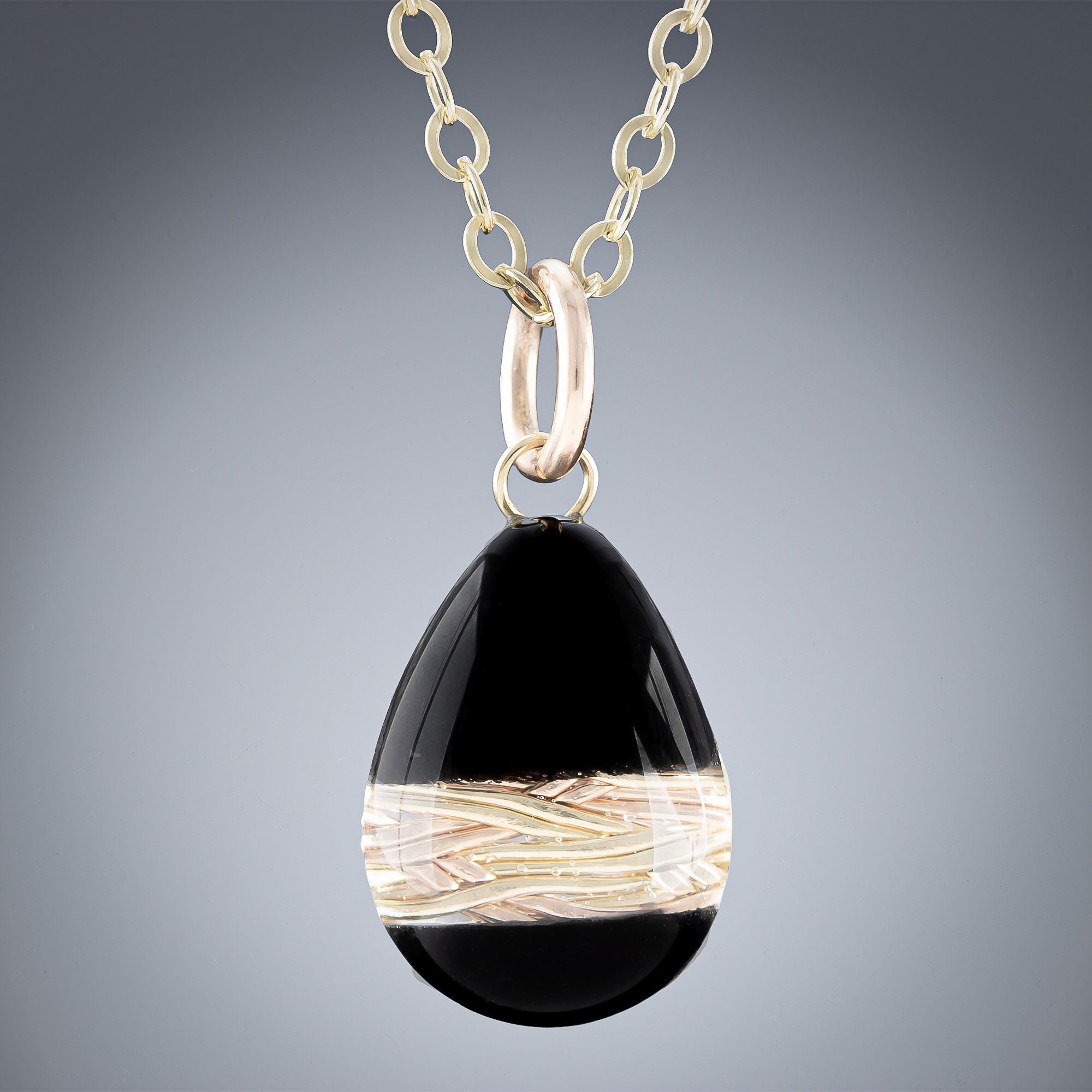 Dainty Handwoven Gold and Black Enamel Teardrop Pendant Necklace in both 14K Yellow and Rose Gold Fill