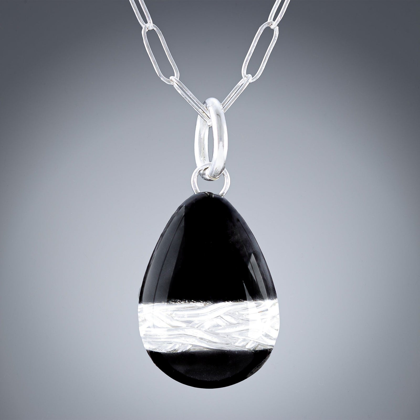 Handwoven Silver & Black Enamel Teardrop Pendant Necklace - Small