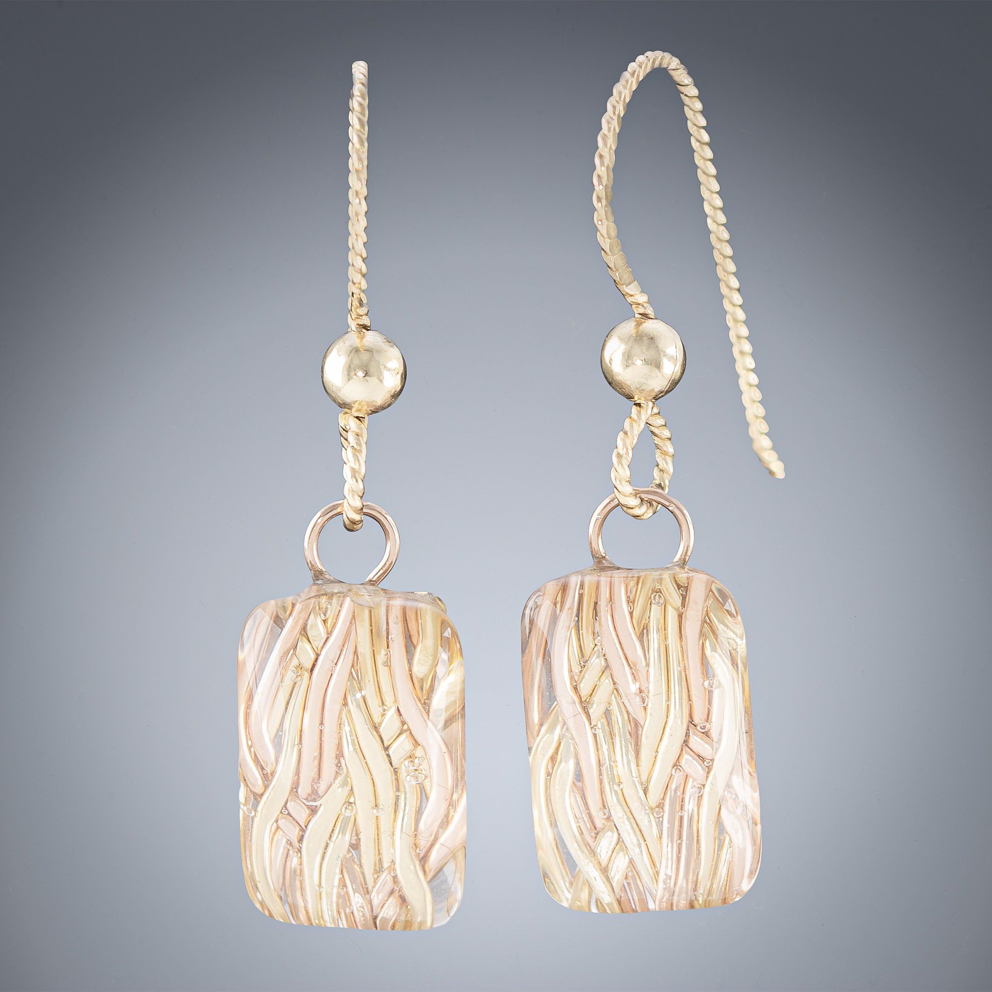 Tiny Sparkly Rectangle Shaped Earrings with Handwoven Metal Fabric and Glass in 14K Yellow and Rose Gold Fill