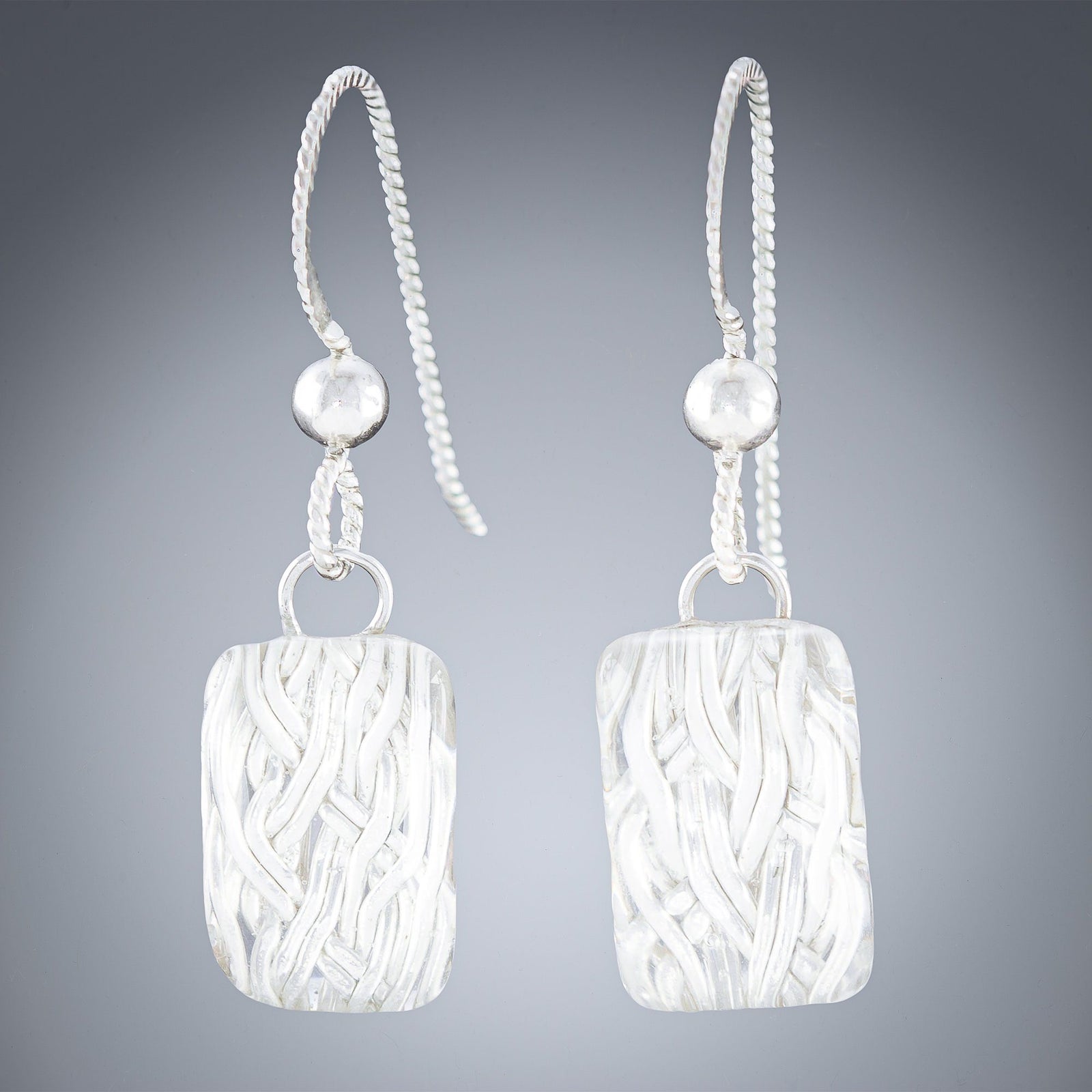 Handwoven Silver Rectangle Earrings with Glass Accent - Small