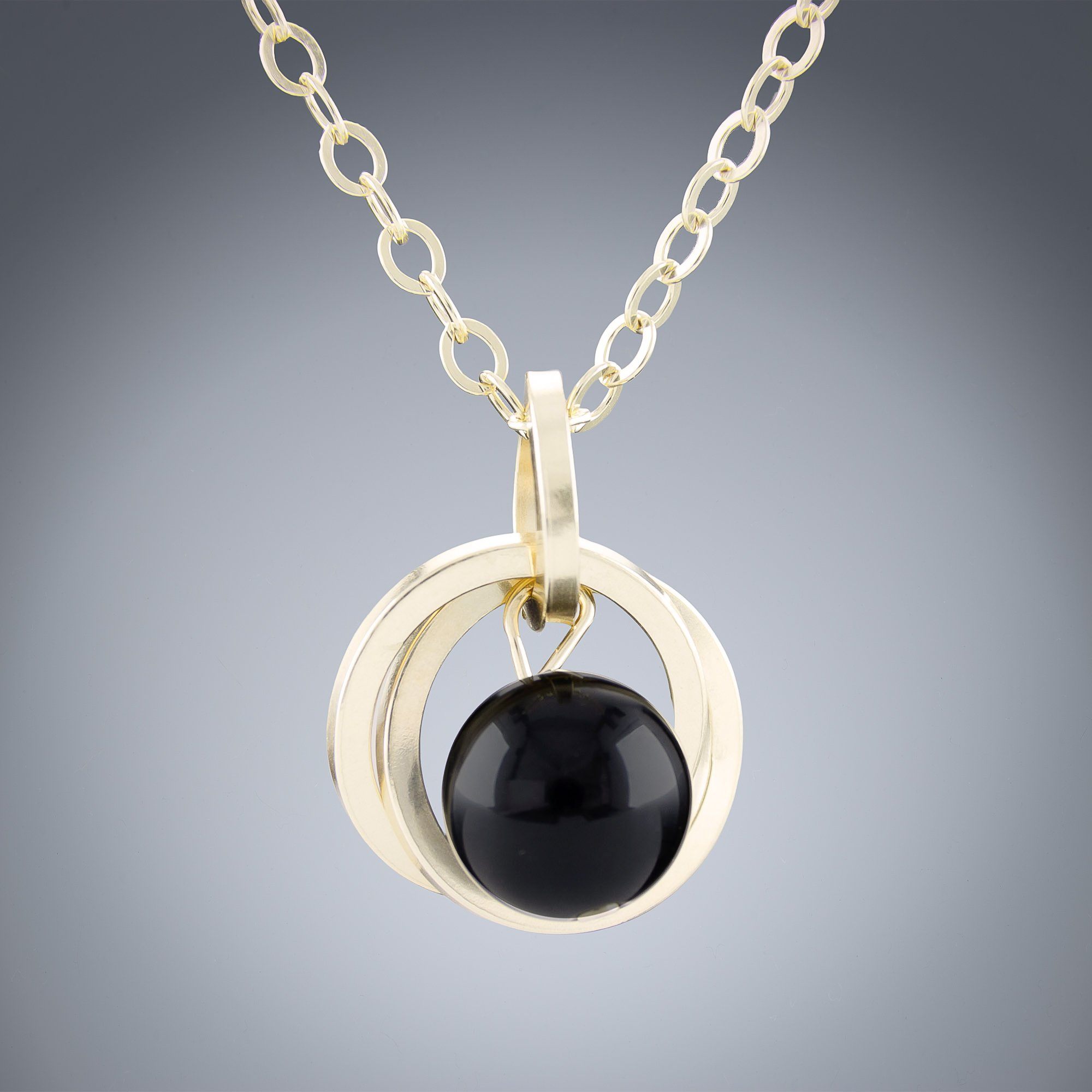 Handcrafted Black Onyx Genuine Gemstone Pendant Necklace in 14K Yellow Gold Fill