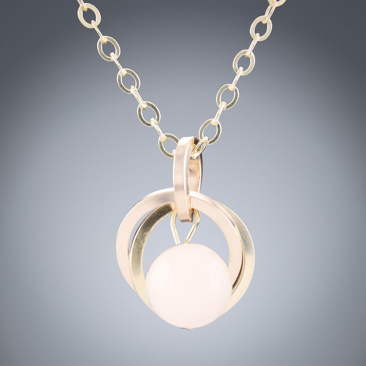 Light Pink Rose Quartz Gemstone Two Tone Gold Pendant Necklace in Both Yellow and Rose 14K Gold Fill