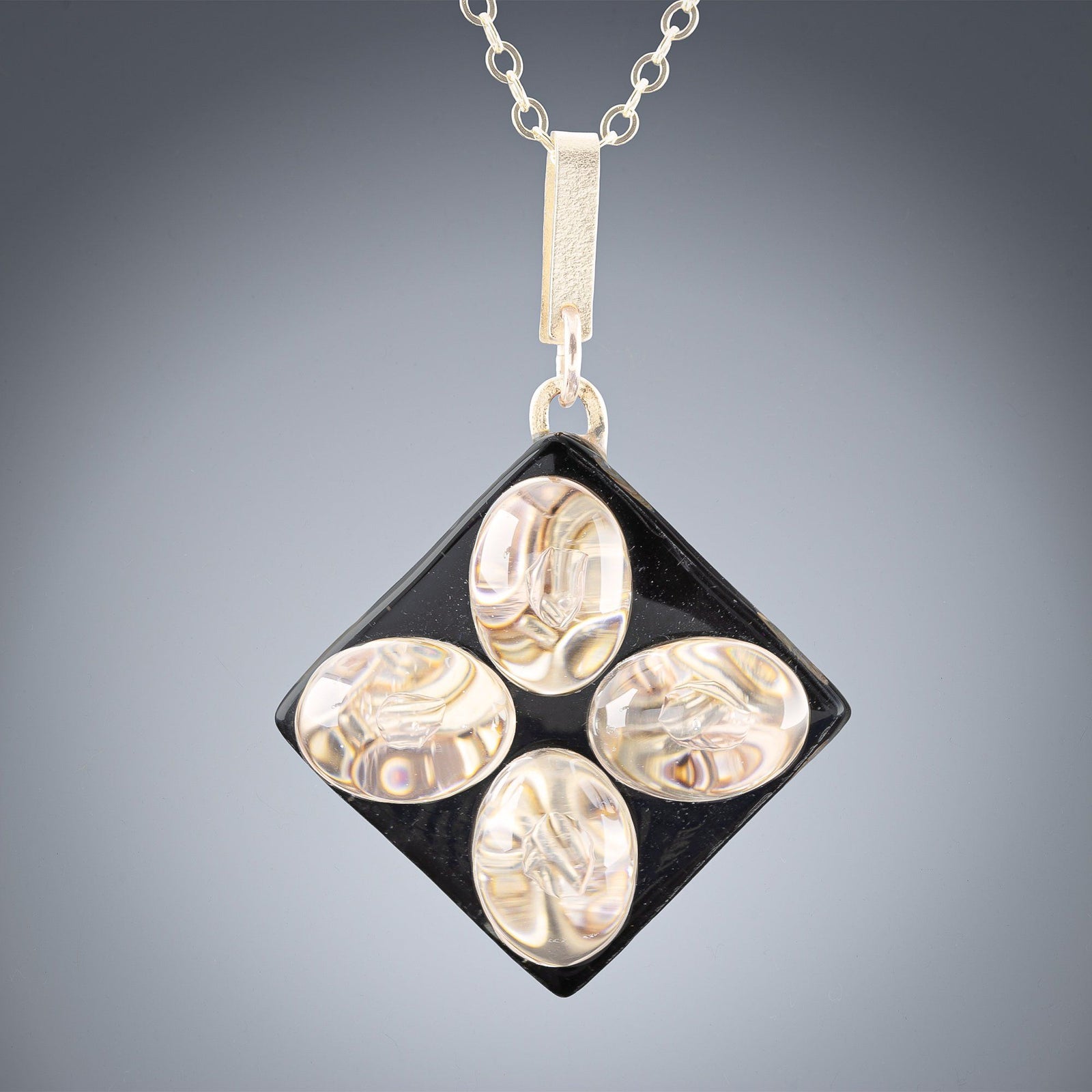 Woven Gold & Black Enamel Fused Glass Pendant Necklace - Large