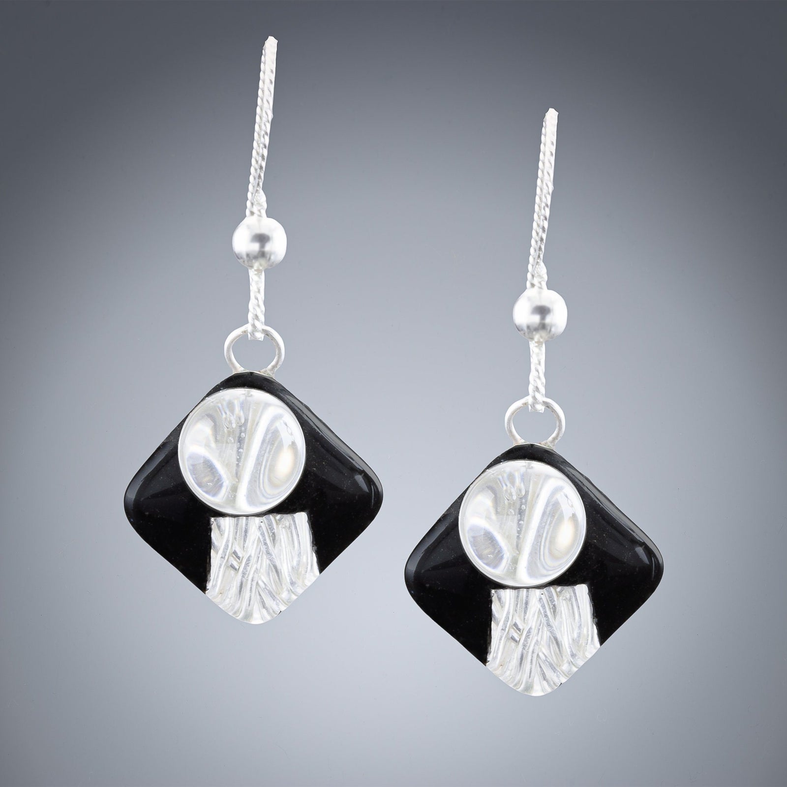 Art Deco Handwoven Silver Wire & Black Enamel Earrings