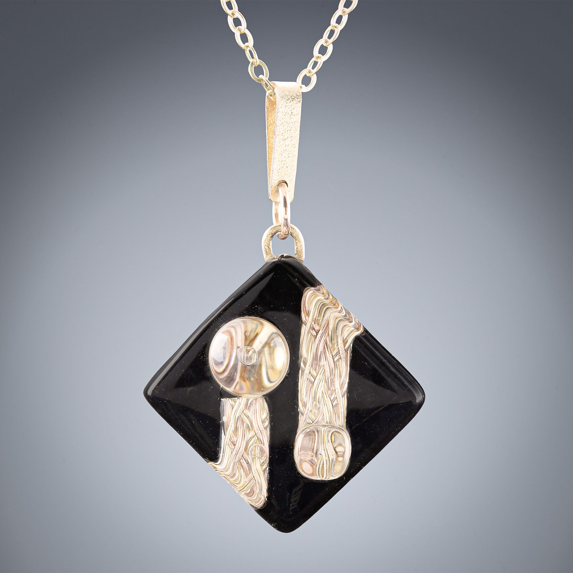 Large Black and Gold Art Deco Inspired Pendant Necklace in both 14K Yellow and Rose Gold Fill