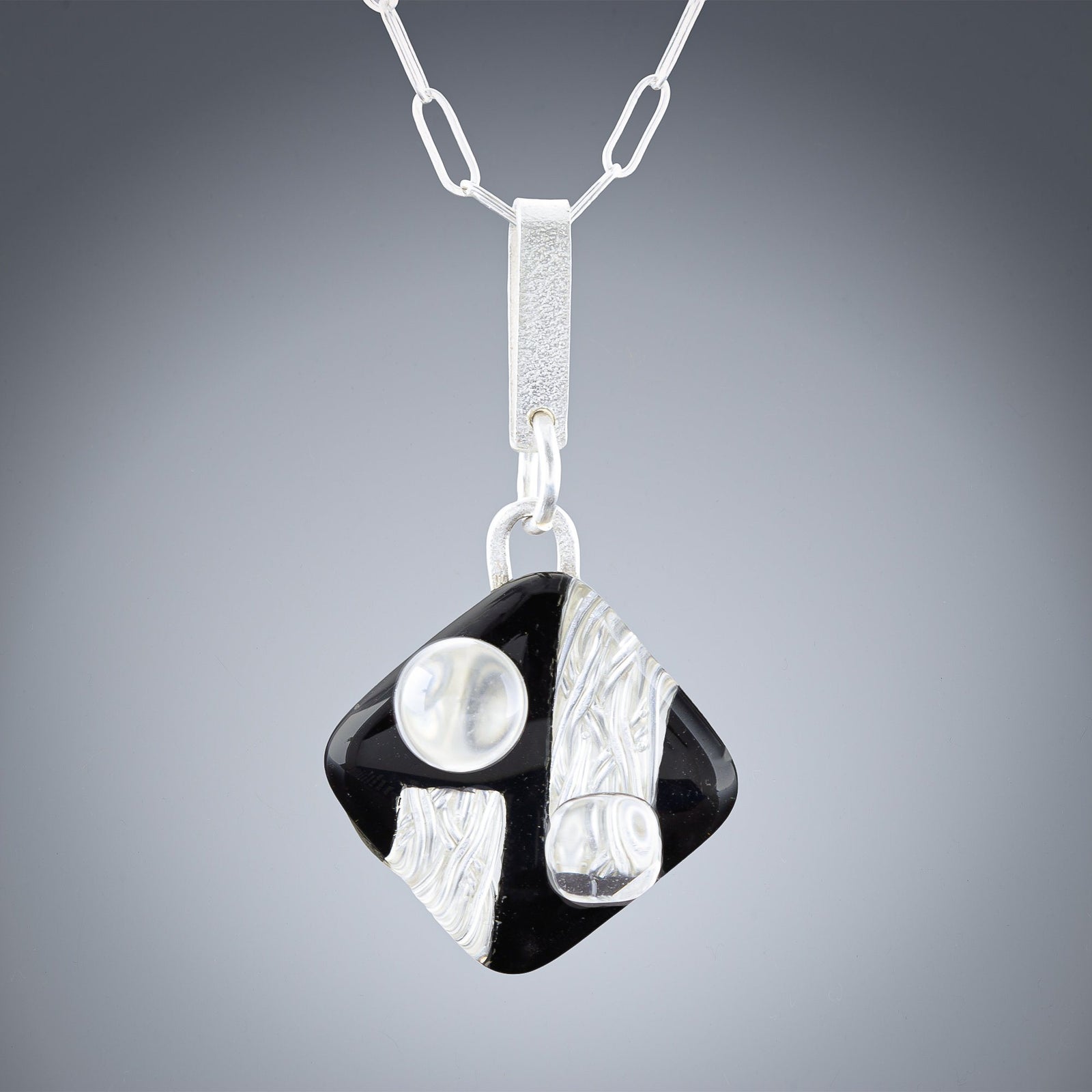 Art Deco Black & Silver Pendant Necklace in Woven Silver - Medium