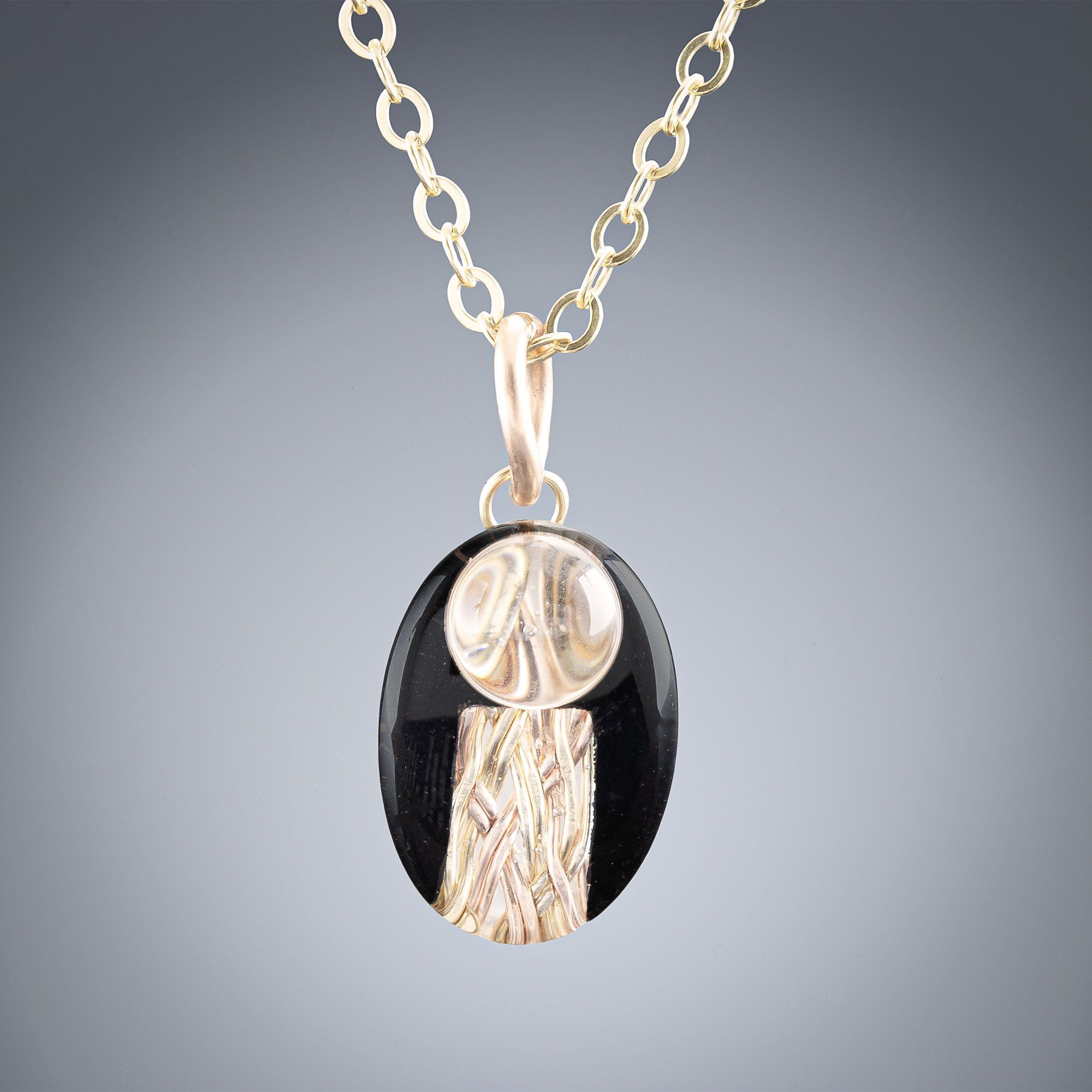 Small Oval Black and Gold Art Deco Inspired Pendant Necklace in 14K Yellow and Rose Gold Fill
