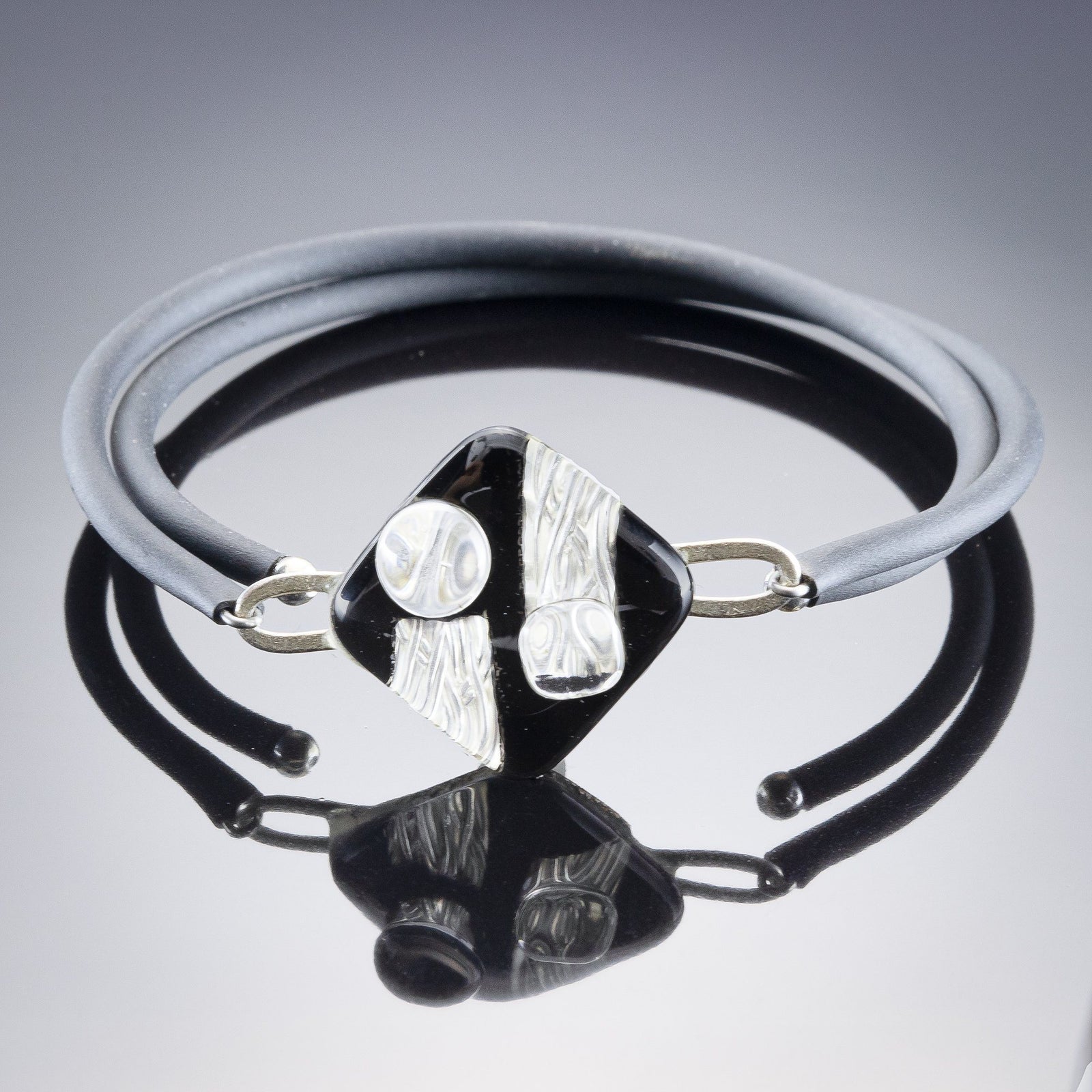 Handcrafted Black and Silver Art Deco Inspired Wrap Bracelet in Sterling Silver